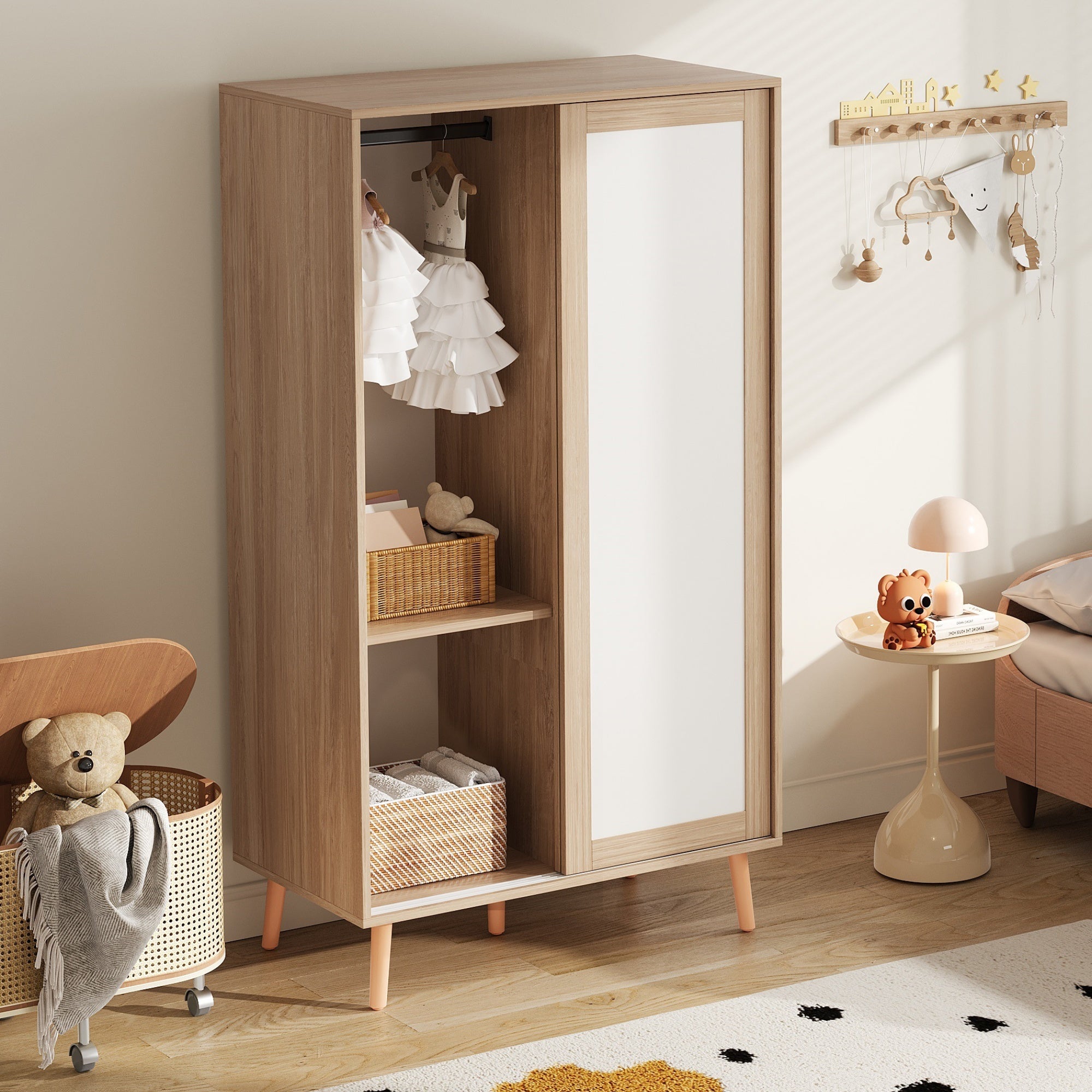 Armoire pour enfants avec 2 portes coulissantes - 80 x 46 x 141.5 cm - Bois massif + MDF - Blanc et naturel - 2