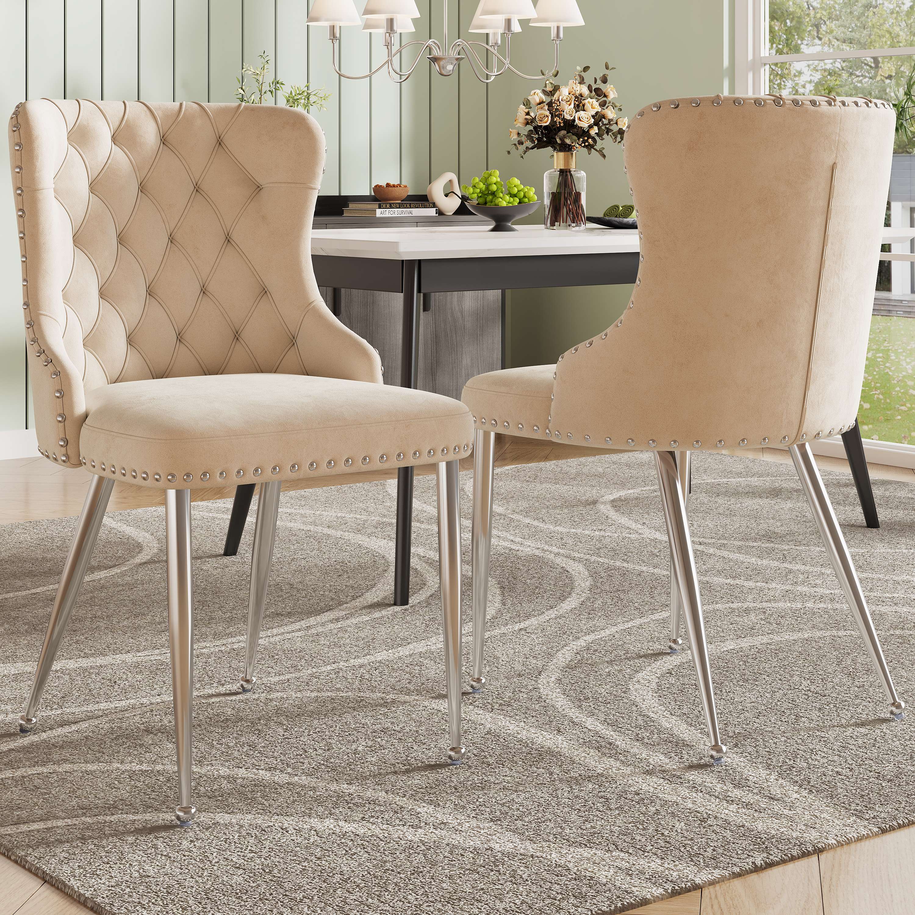 MMT Set Di 2 Sedie Da Pranzo In Tessuto Color Marrone Chiaro Con Gambe Nere, Schienale Alto E Design A Conchiglia - 54,5x62,5x85 Cm