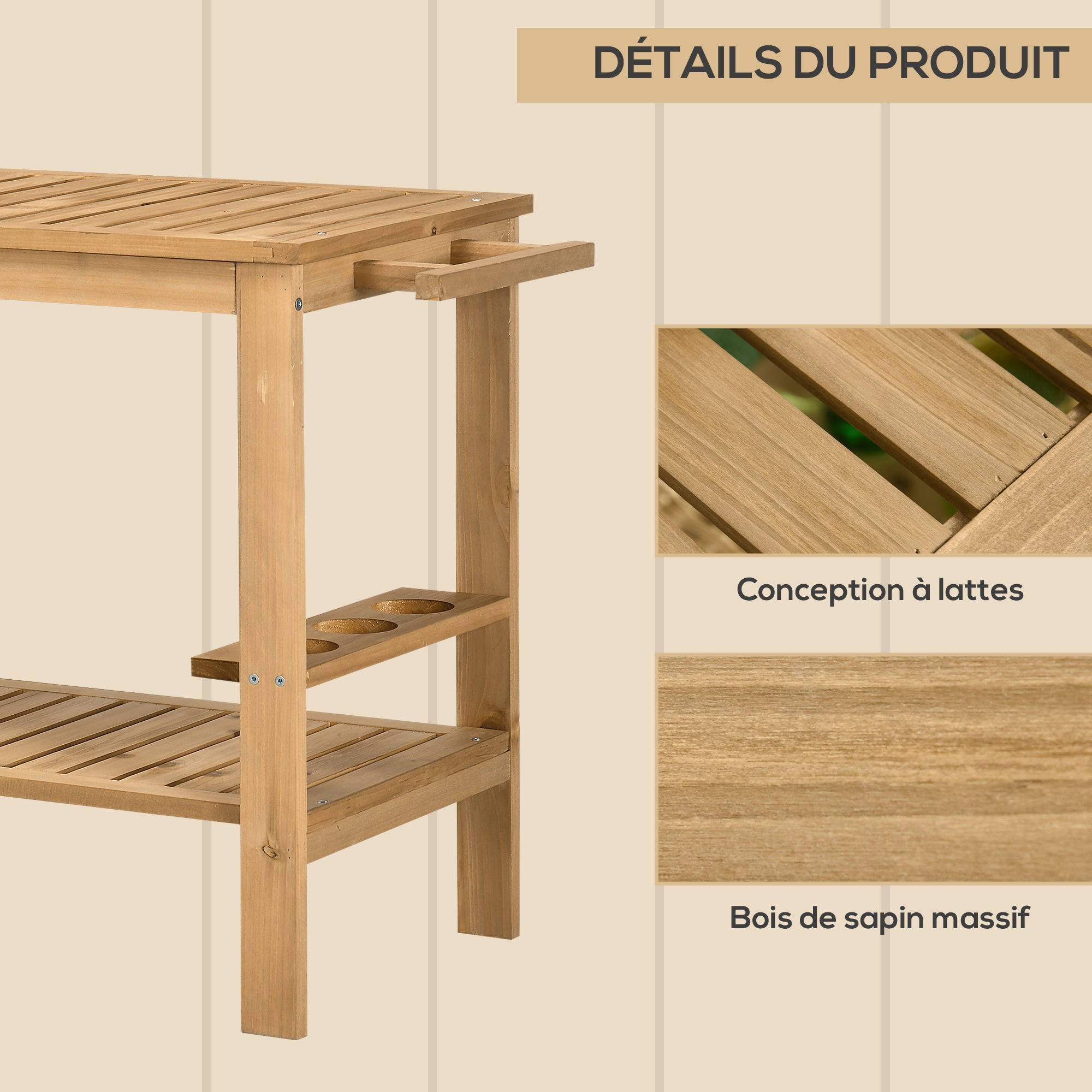 Desserte de jardin chariot pour plancha barbecue en bois avec poignée 2 plateaux et porte-bouteilles 95 x 47 x 74 cm - 8