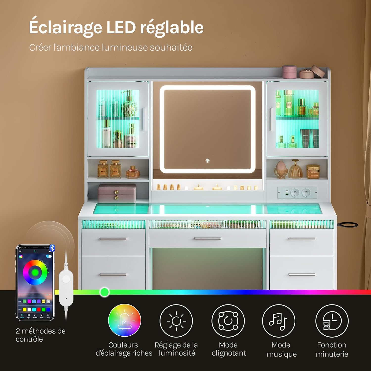 WOLTU Coiffeuse avec Plateau en Verre Miroir, Grande Coiffeuse avec LED Réglable, 9 Tiroirs, Prise de Courant, Blanc - 3