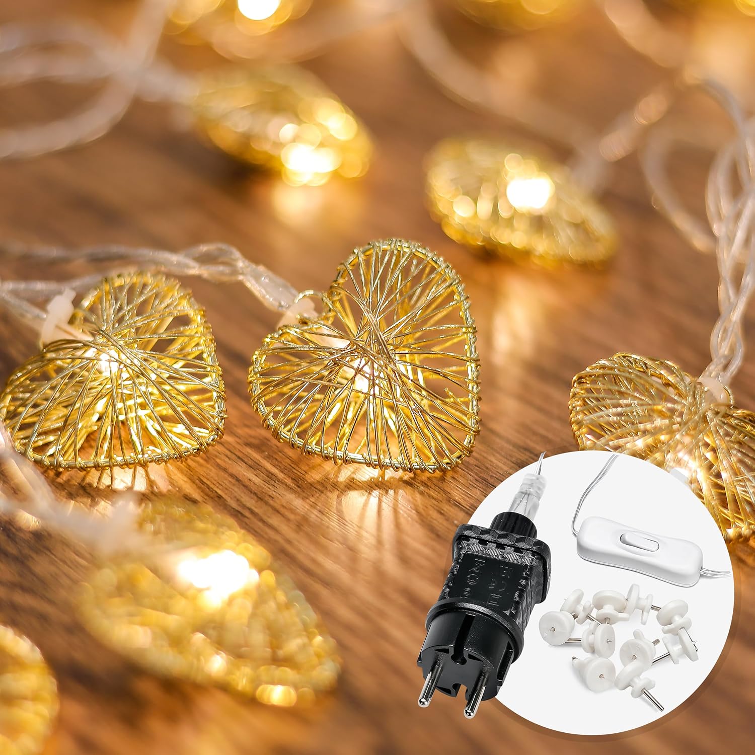 Lampki choinkowe w kształcie serca do użytku wewnętrznego – 5 metrów i 20 ciepłych, białych diod LED | Z wtyczką | Lampki choinkowe do sypialni | Lamp