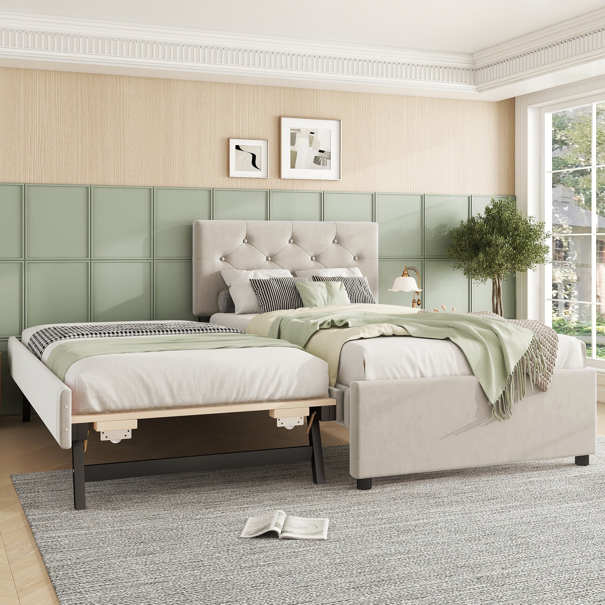 Lit simple 90x200cm en velours - avec un lit gigogne - avec sommier à lattes - Beige (matelas non inclus) - 2