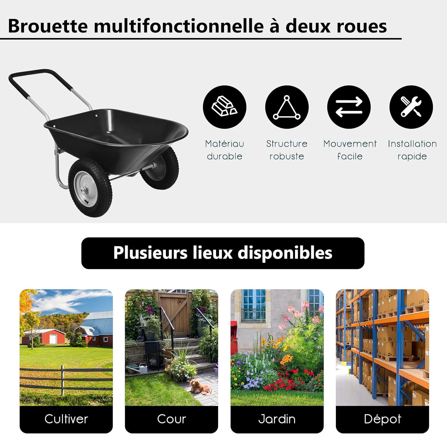 Brouette de jardin 2 roues pneus pneumatiques ø35cm 141l charge max 100kg résistante en fer noir - 8