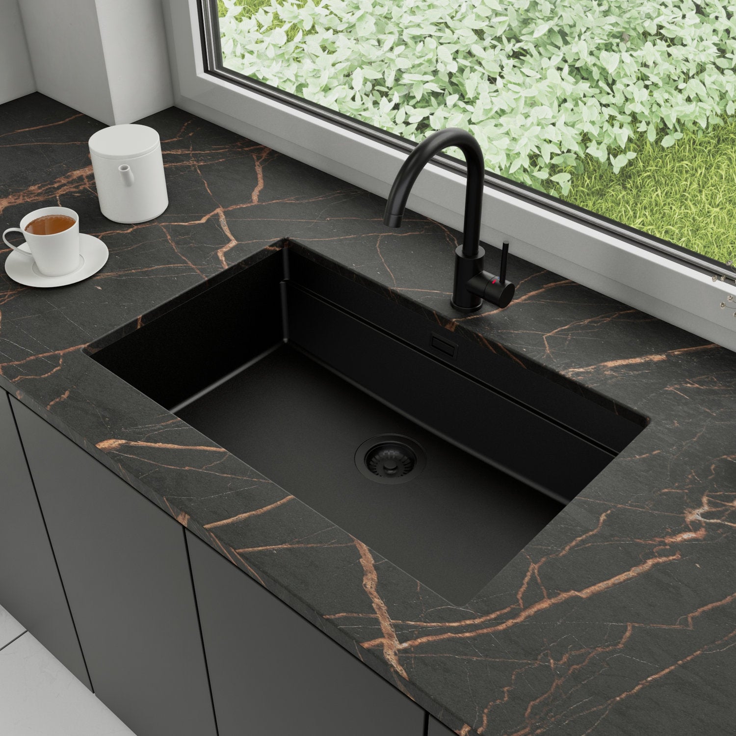 Zlewozmywak podblatowy 76x47cm, do szafki od 80cm + Bateria + Syfon - Coral Cały Czarny STONESTYLE