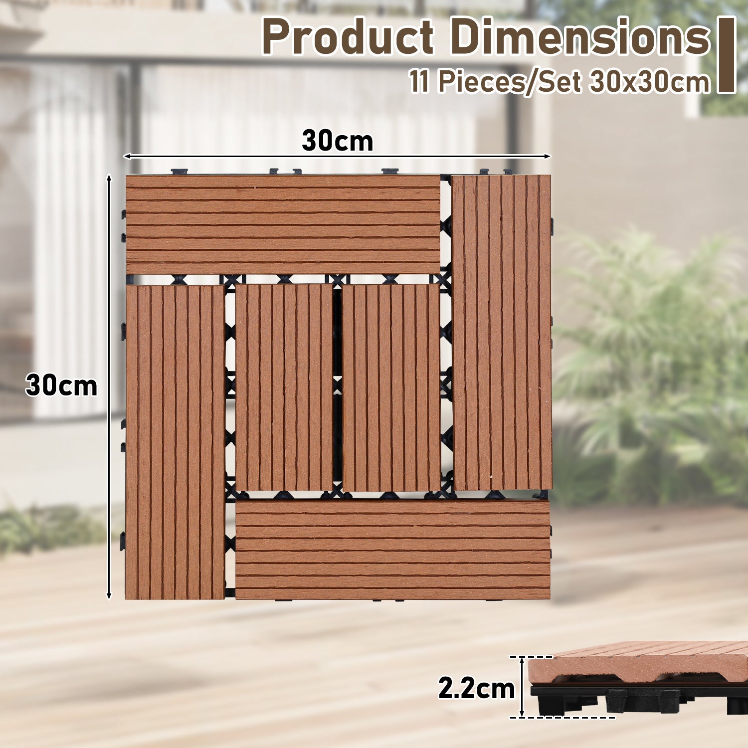22 pièces WPC Dalles de terrasse 6 lattes 2 m², 30 x 30 cm, Dalles clipsables Composite bois Marron - 2
