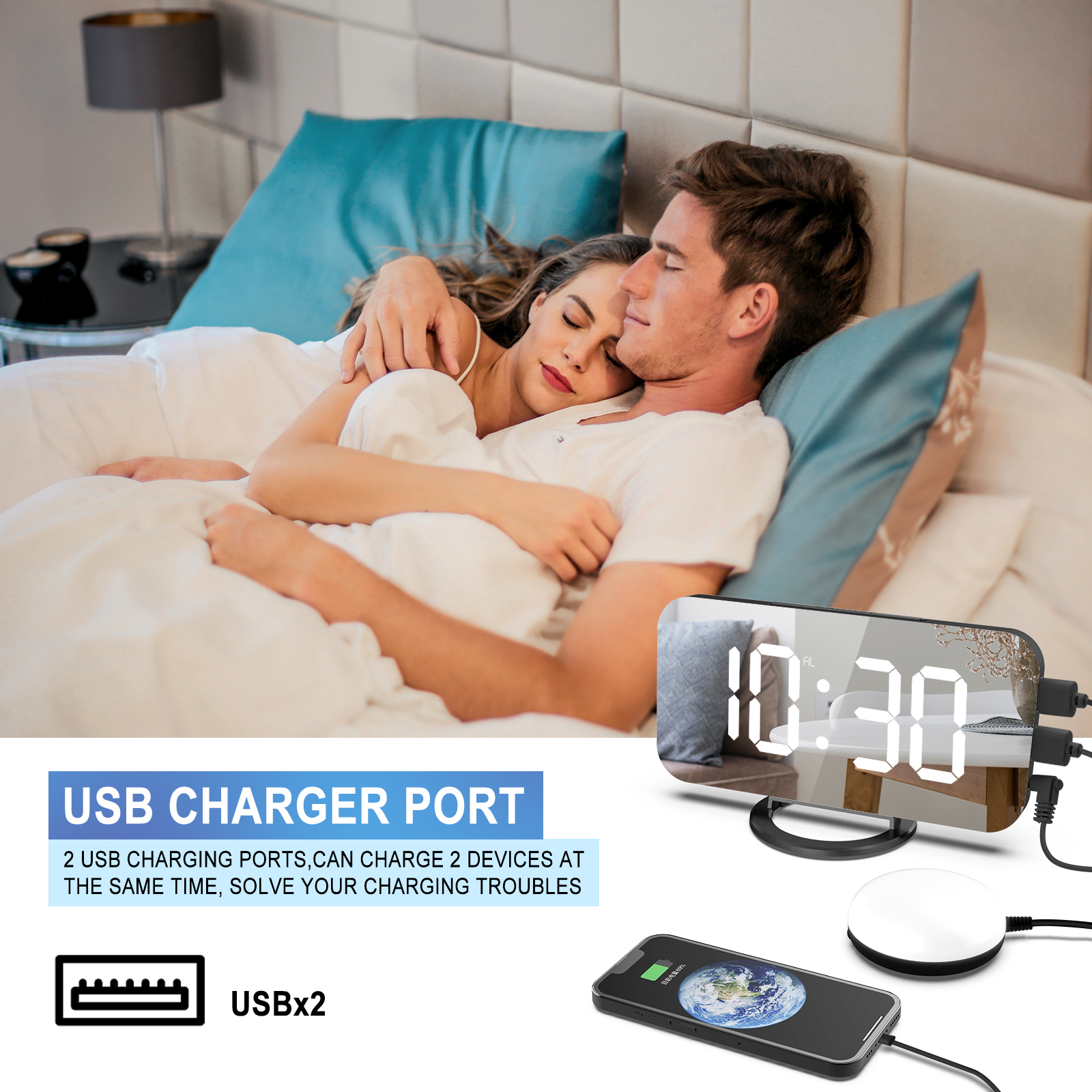 Sveglia digitale ad alto volume per adulti con sonno pesante con scuotiletto, luce LED regolabile, snooze, sveglia, orologio per camera da letto, nero - 8