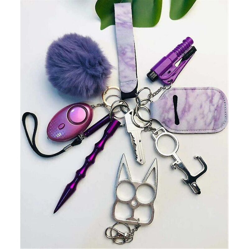 Set di 11 pezzi, portachiavi di autodifesa viola per donne, portachiavi portatile con allarme personale di sicurezza - 5