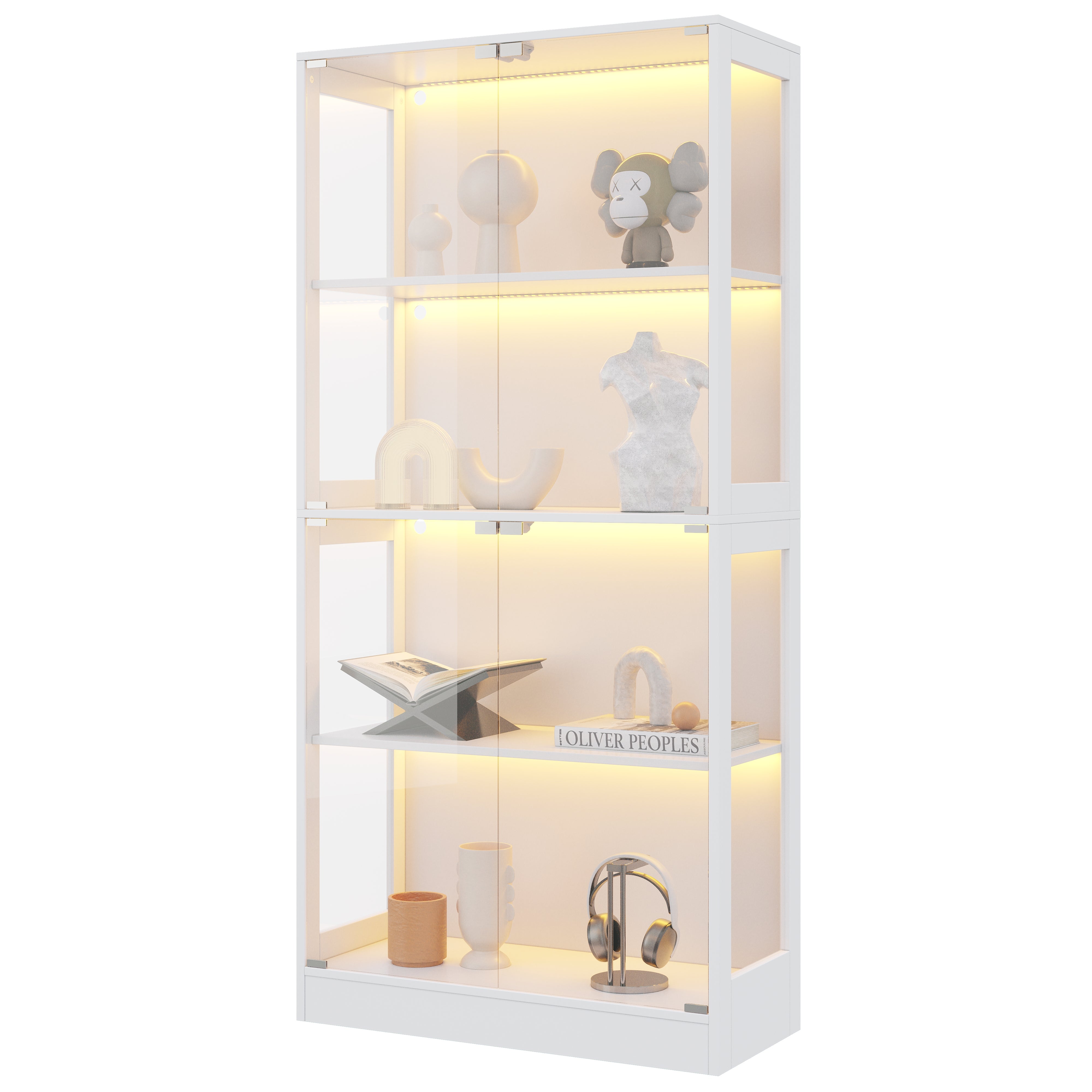 Witryna z 4 drzwiami - 80 x 35 x 170 cm - Płyta MDF i szkło - Uchwyty metalowe - Oświetlenie LED sterowane za pomocą aplikacji - Biały - 5