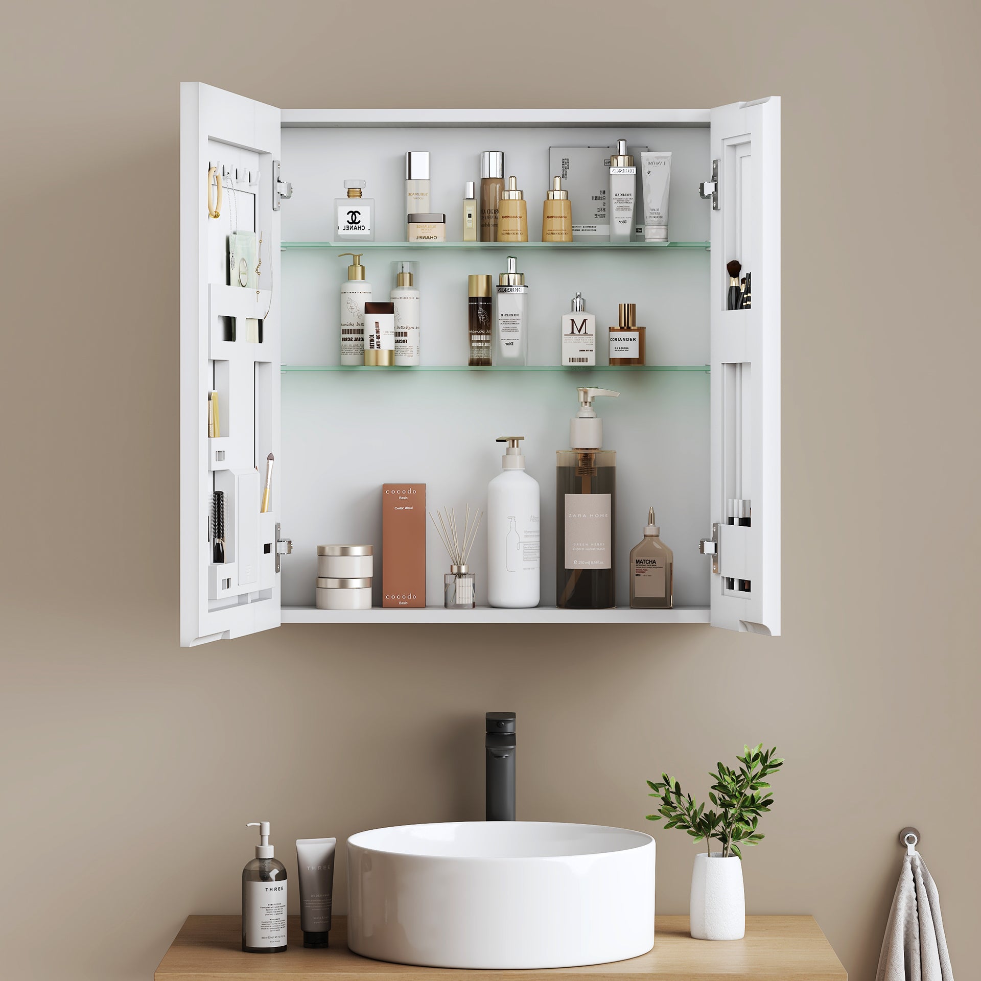 EMKE Armoire de Toilette Murale 60 x 65 x 14,5 cm – 2 Portes avec Rangement Intégré, Charnières Soft-Close, Blanc Mat - 3