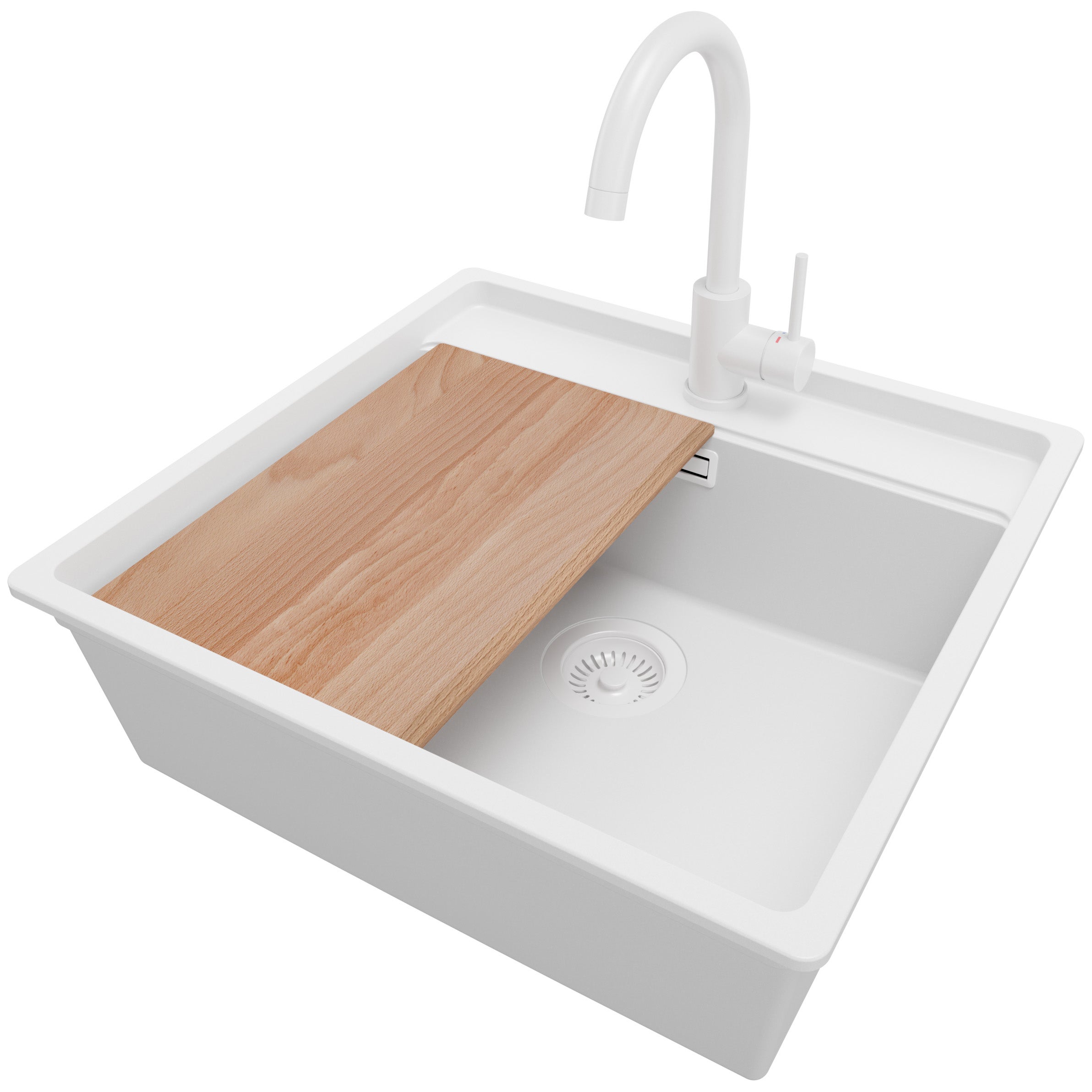 Zlewozmywak Granitowy Cały Biały 56x53cm, Zlew Kuchenny 1 Komorowy + Bateria 32x20cm + Syfon + Deska, Nablatowy do szafki od 60cm - Bergen PRIMAGRAN