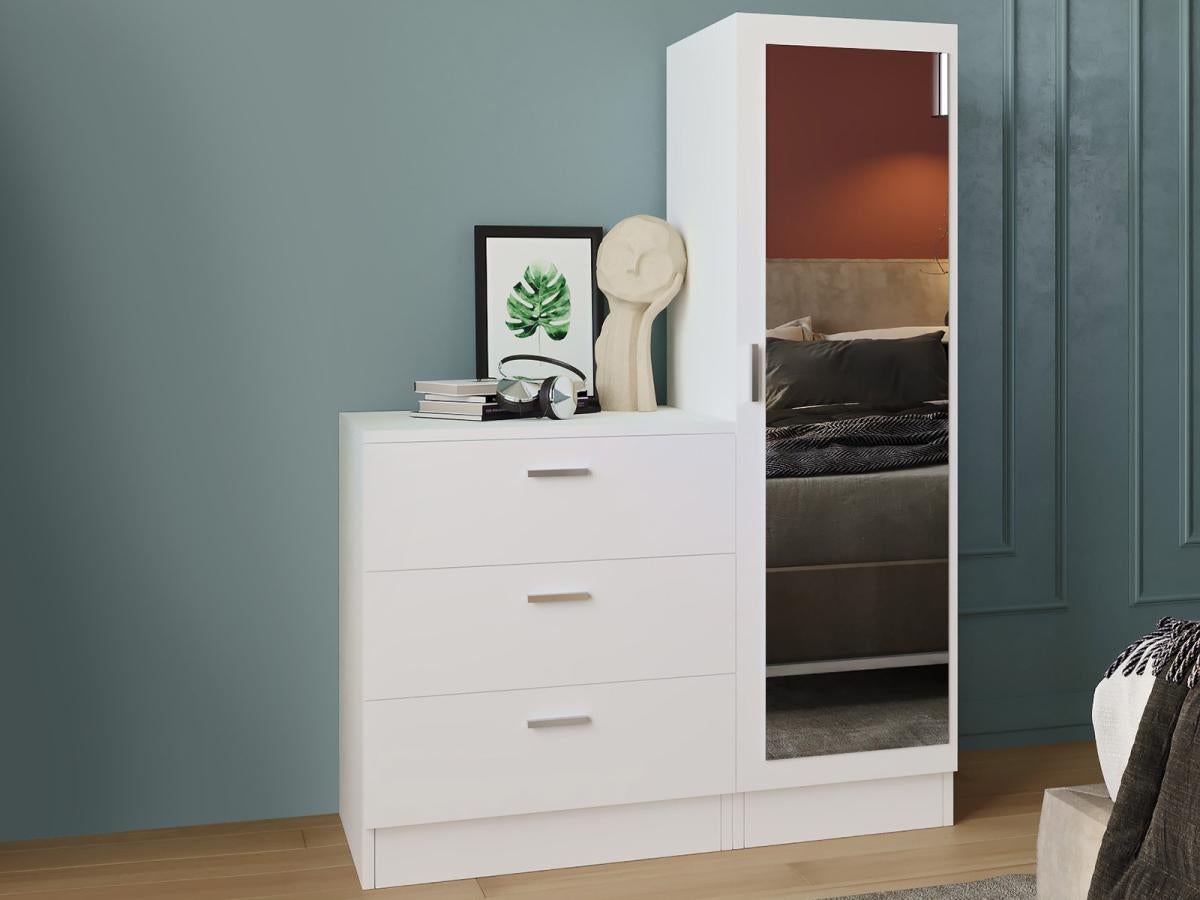 Commode 3 tiroirs avec armoire et miroir - Blanc - VITORIO - 8