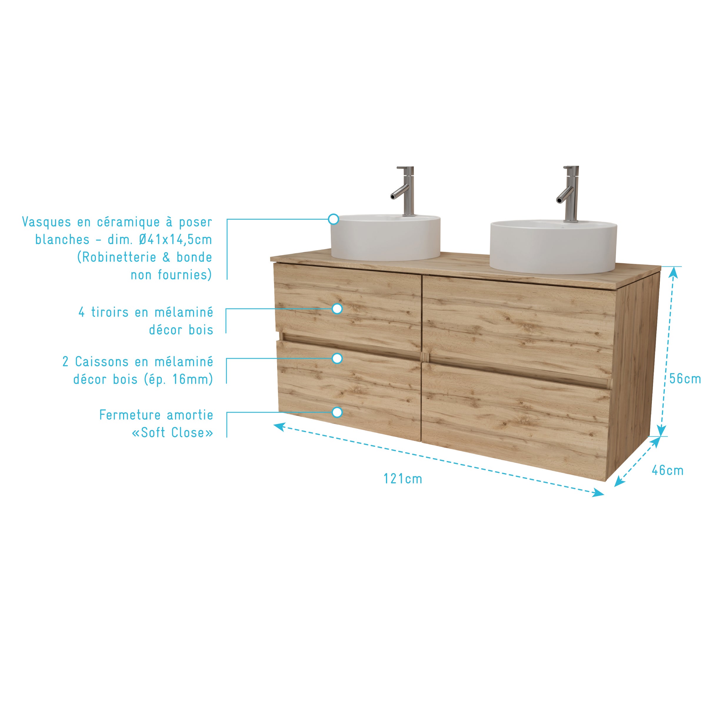 Meuble Salle de Bains 120cm 4 Tiroirs Chêne Naturel - 2 Vasques Rondes 41cm en Céramique Blanche - 4