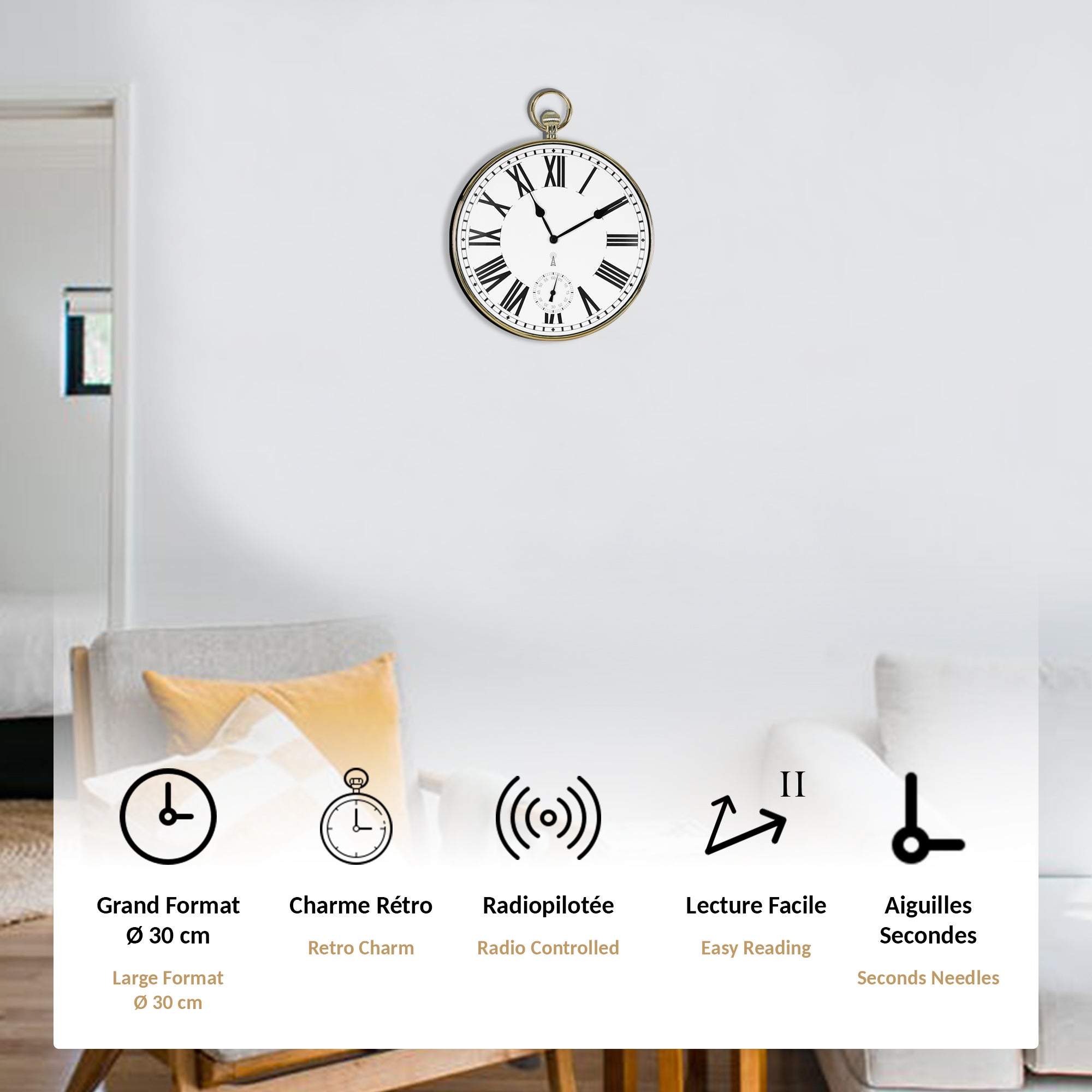 Orologio da parete di design FISHTEC, Orologio a soffietto in stile vintage, Grandi numeri romani, Facile da leggere, Radiocontrollato, Ø 30 CM - 3