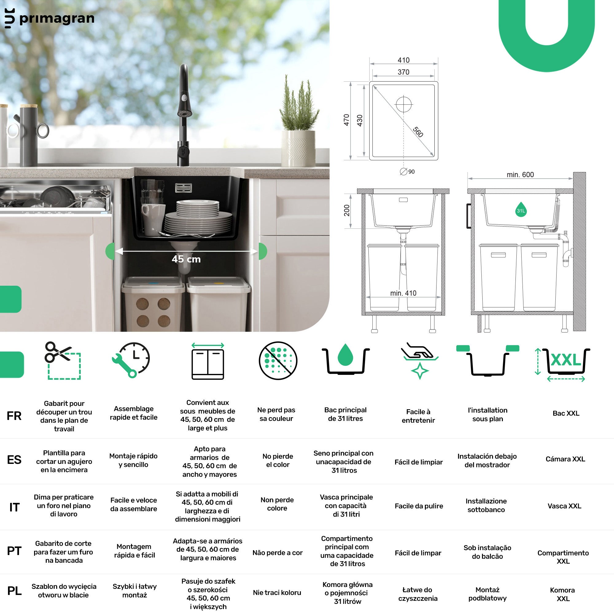 Lavello sottotop Bianco 41x47cm, Lavandino in Granito a 1 vasca + Sifone Classico, Lavabo da Cucina al mobile 45cm - London PRIMAGRAN - 6