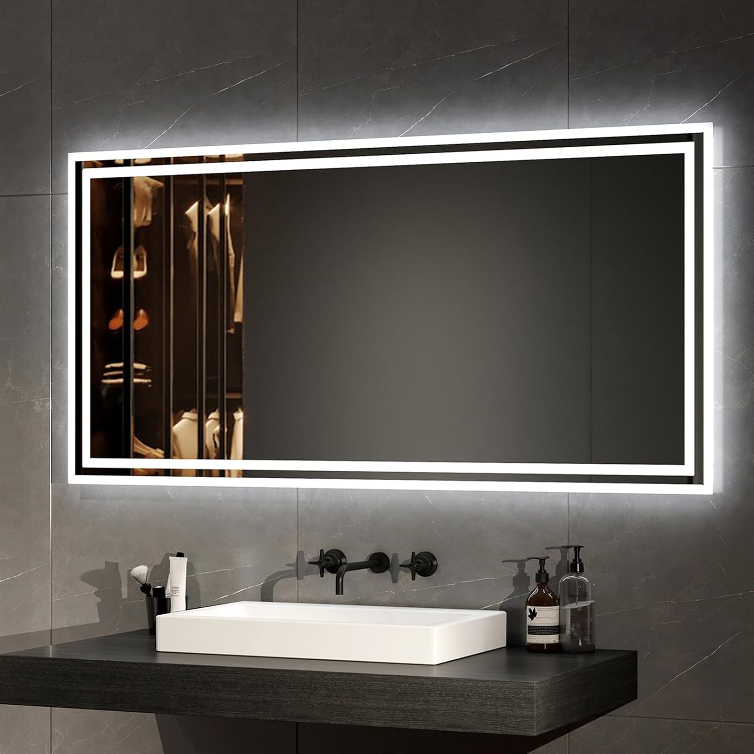 Miroir De Salle De Bain Avec LED - 60 X 45 Cm, éclairage Réglable 3 Couleurs, Anti-buée, étanche IP54, Interrupteur Tactile - 6