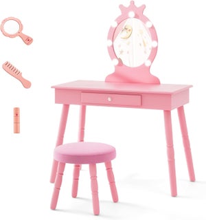 Set Scrivania Toeletta Vanità Per Adolescenti Con Specchio Illuminato A LED E Luci Regolabili, Bianco, Con Cassetti, Sedia Inclusa, Tavolo Da Trucco - 3