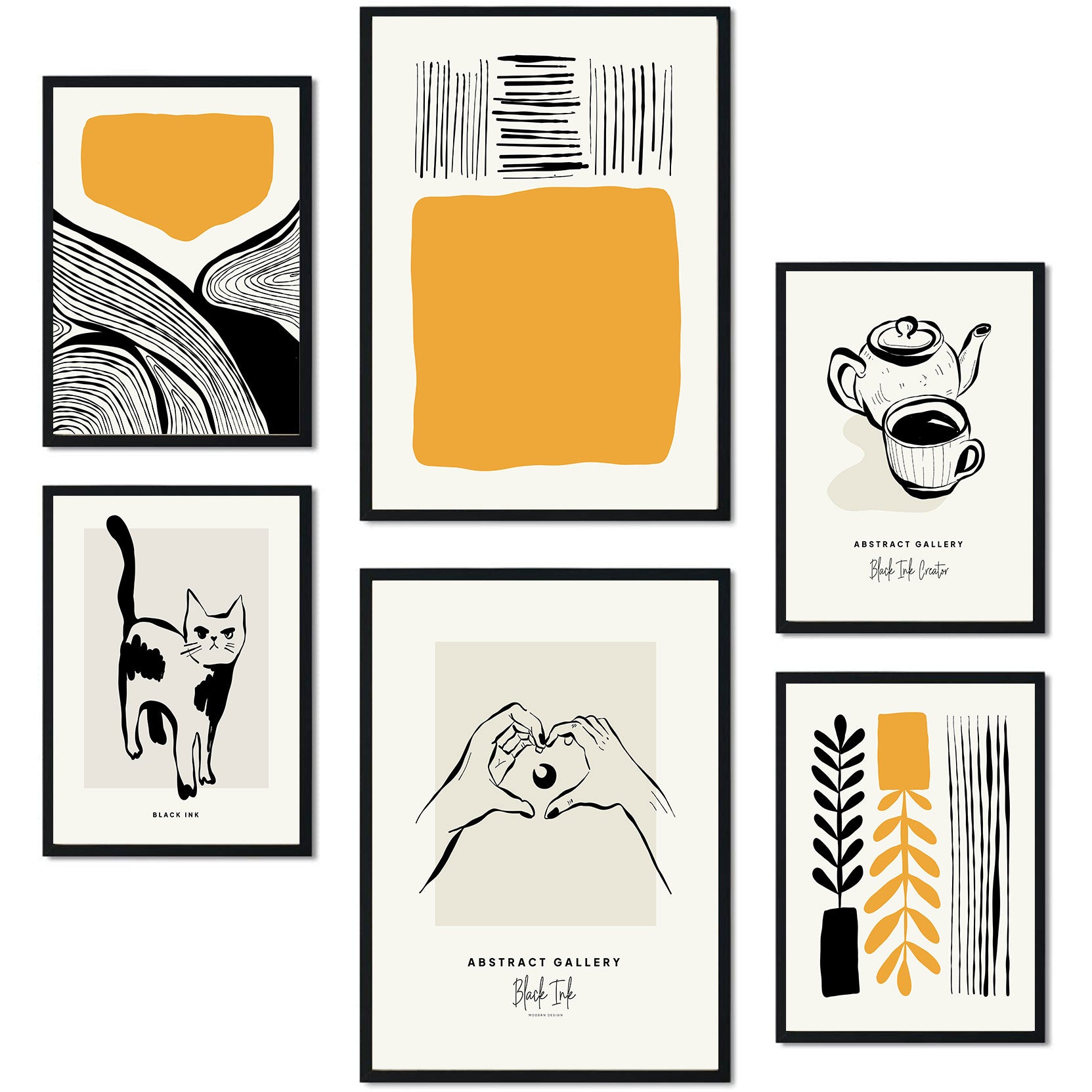 Nacnic set de 6 posters en tinta negra. hogar. láminas artísticas y abstractas para el diseño y decoración de interiores. tamaños a3 & a4, sin marcos.