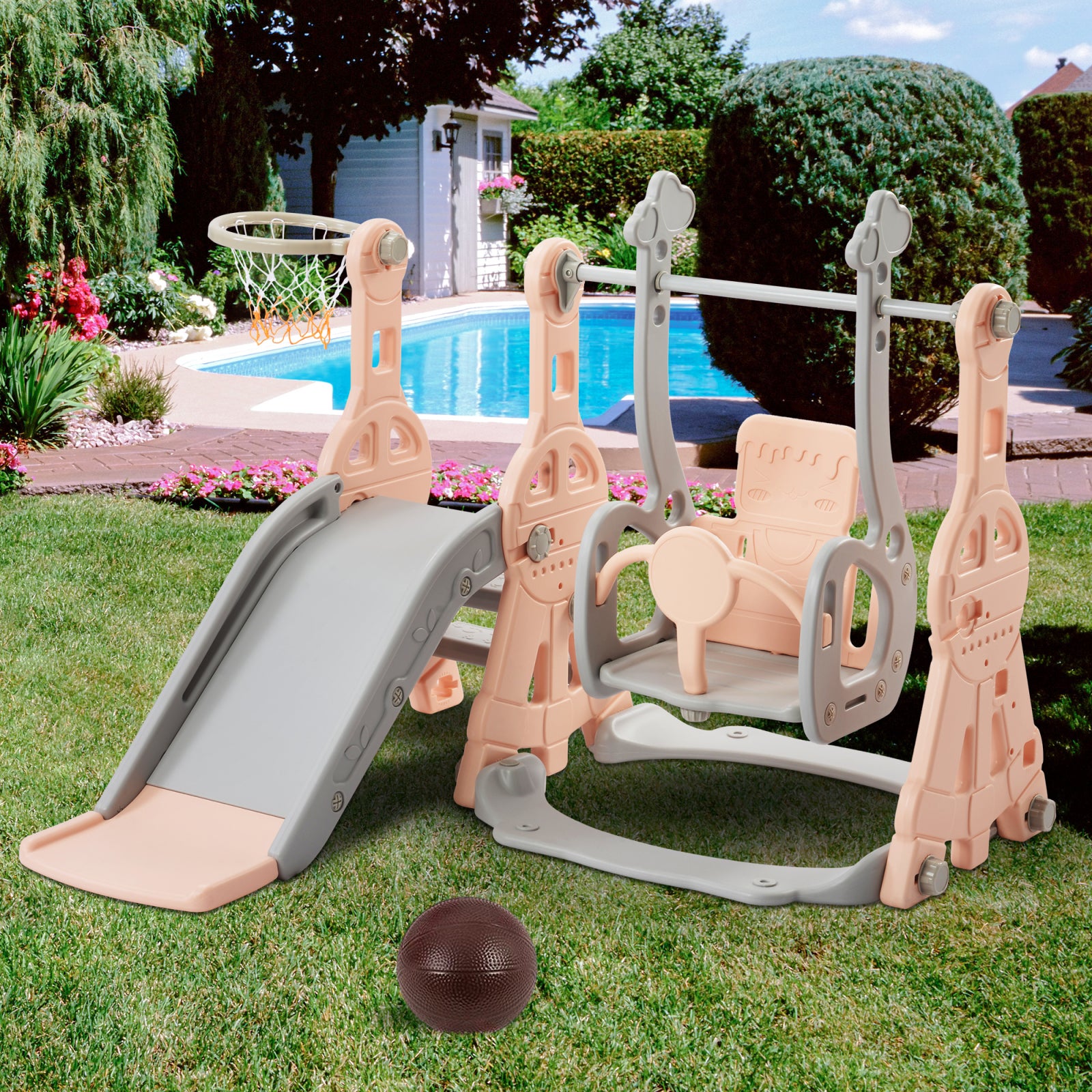 Toboggan 4 en 1 pour Enfant, Aire de Jeux Extérieure et Intérieure avec Escaliers, Balançoire, Toboggan et Panier de Basket pour Enfants de 1 à 6 ans - 4