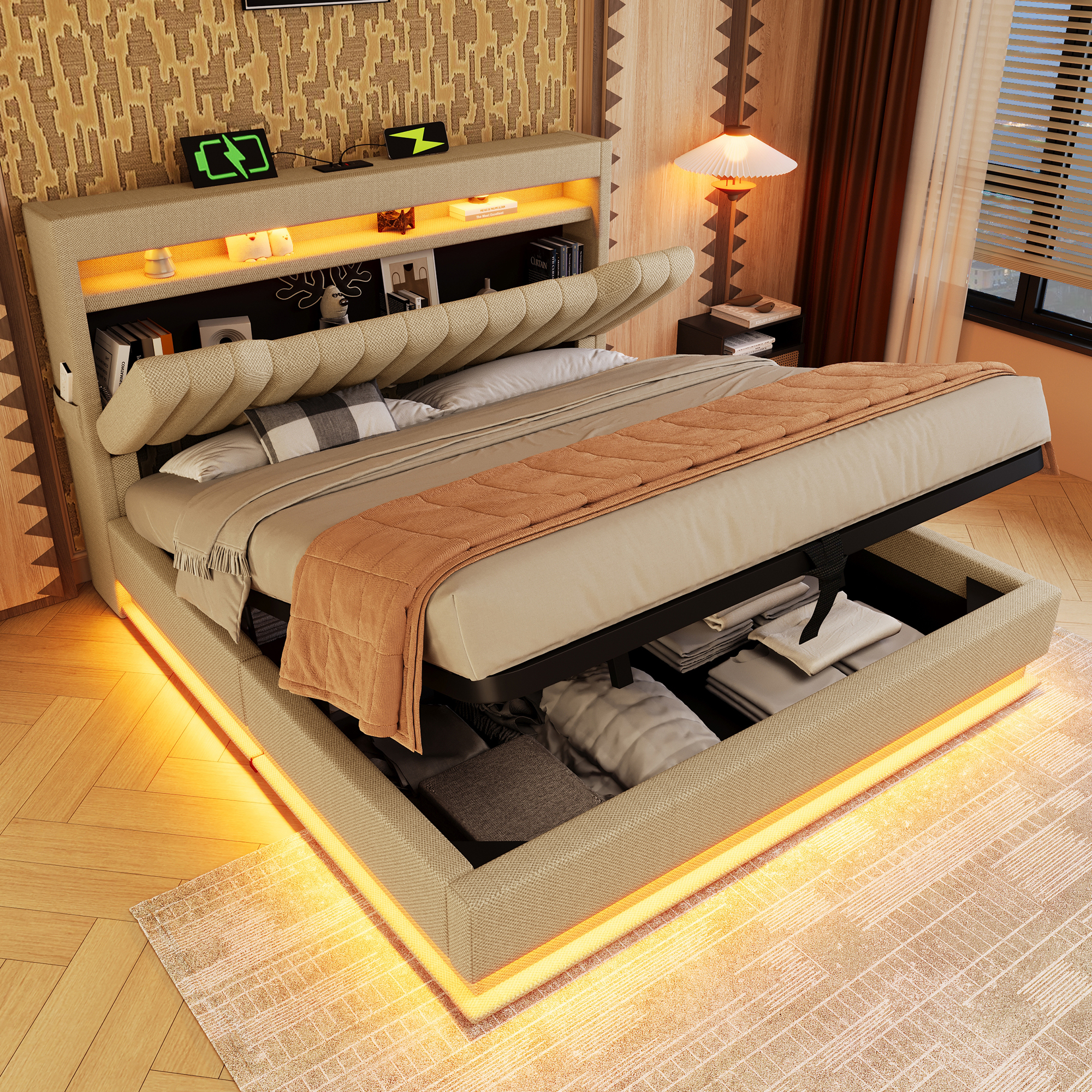 Cama con almacenamiento adulto 140x200 cm, cama doble con USB, Type-C, LED y almacenamiento, en lino, beige - 3