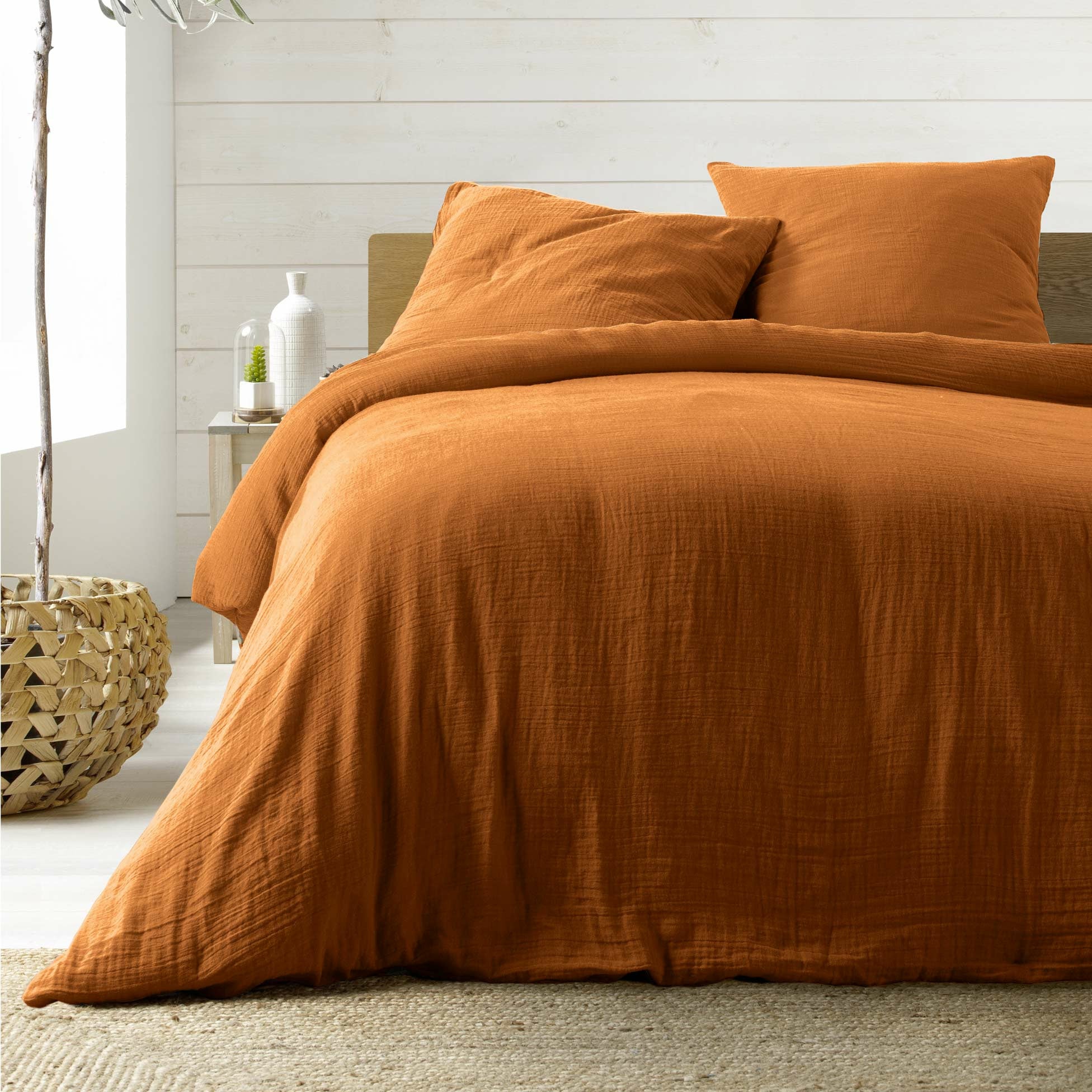Parure de lit 260 x 240 cm Sienna Caramel + 2 taies 63x63 cm – Double face gaze de coton & coton 57 fils - 2