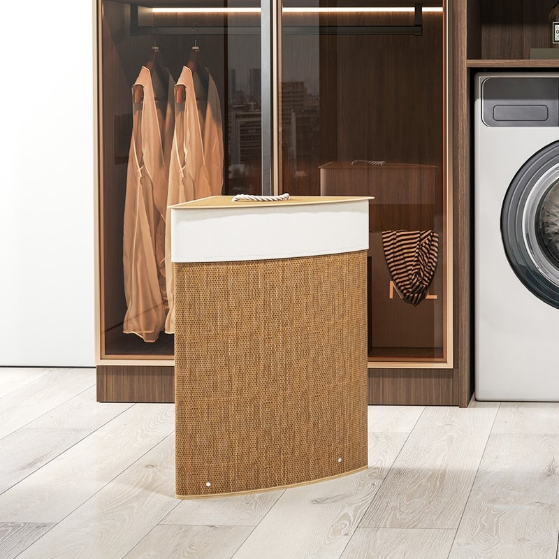 Panier à linge d'angle HOMCOM en bambou avec couvercle, 55 L, avec sac à linge amovible, idéal pour la salle de bain, marron - 3