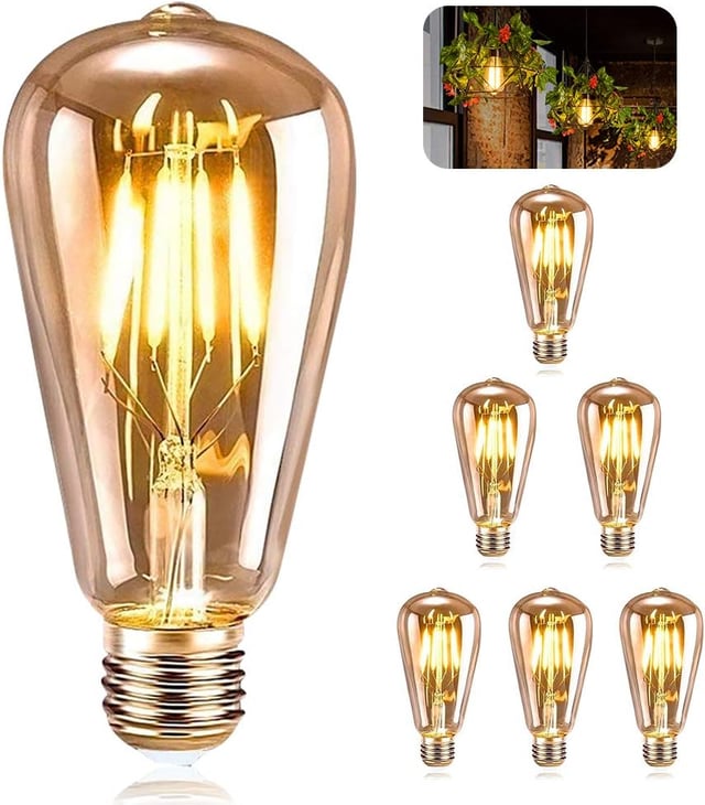 Ampoule E27 Vintage,6 Pièces Ampoule Edison LED E27 ST64 Lampe Décorative Rétro Edison Ampoule Vintage Antique Lampe 4W Filament Blanc Chaud