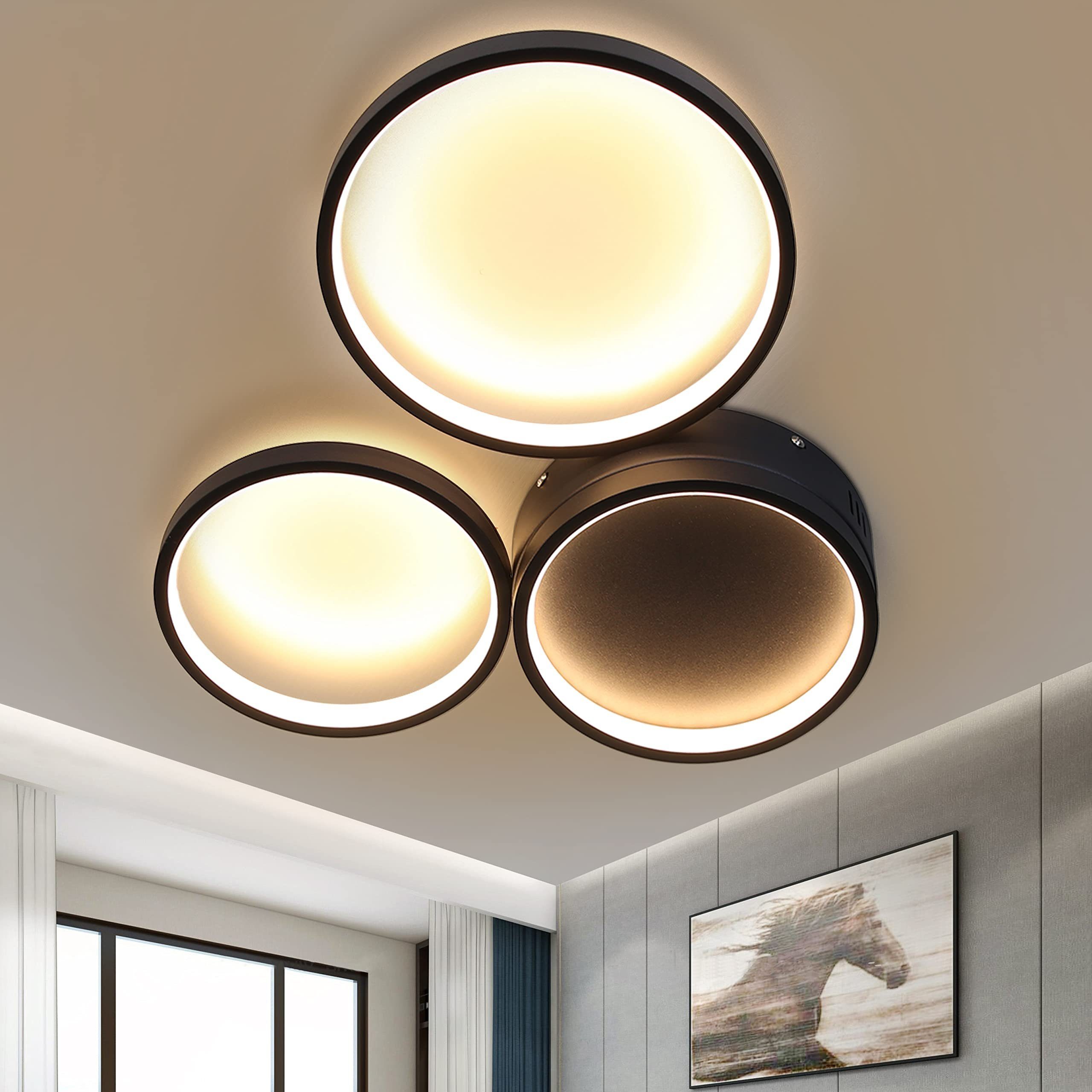 ZMH Lampa sufitowa czarna LED z 3 pierścieniami 22W nowoczesna lampa sufitowa do salonu odpowiednia do sypialni i przedpokoju