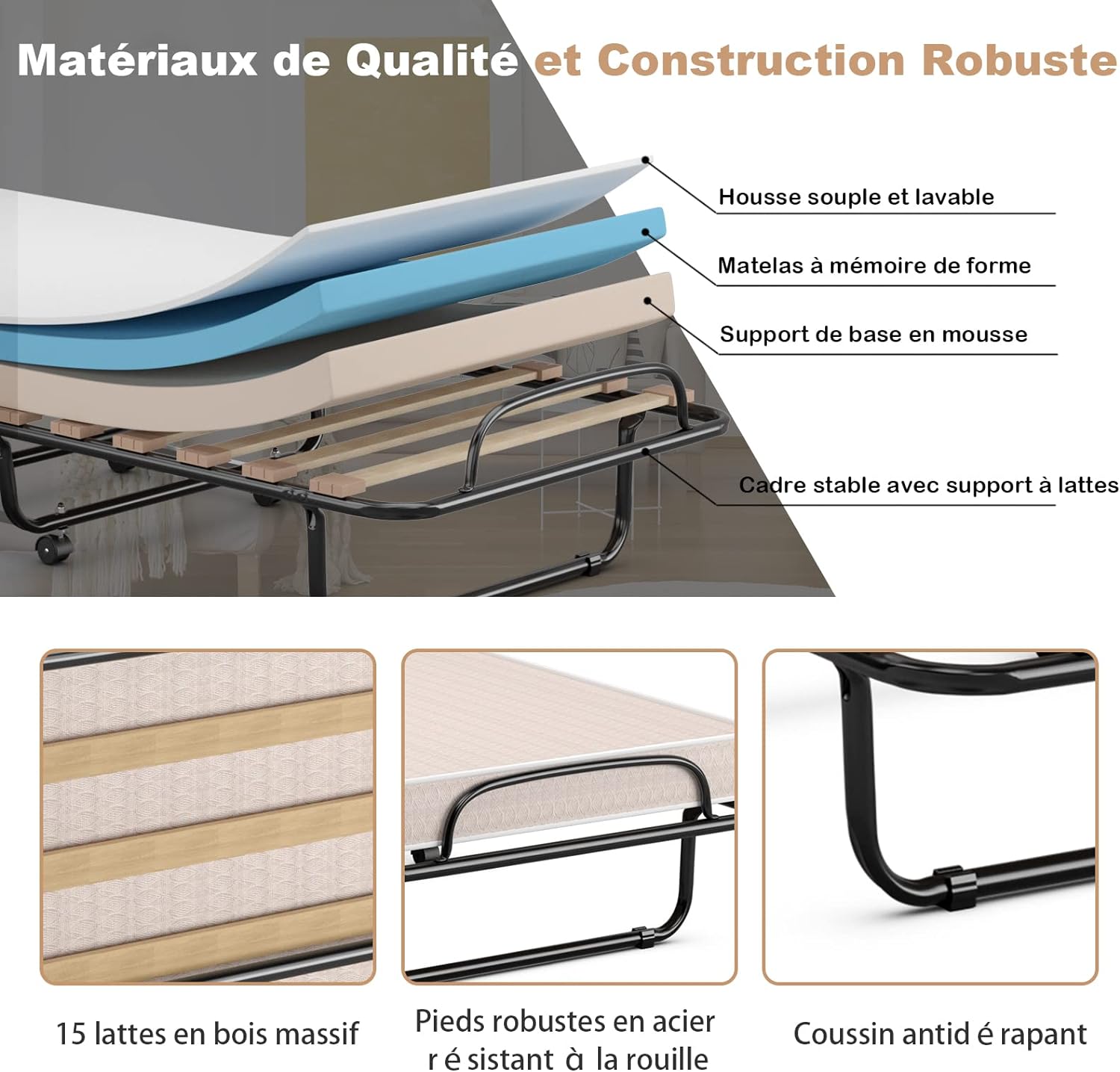 Lit Pliant 190 x 80 cm avec Memoire de Forme, Lit d’Appoint avec Cadre en Acier et 4 roulettes Universelles, Lit Pliable Fabriqué en Italie - 3