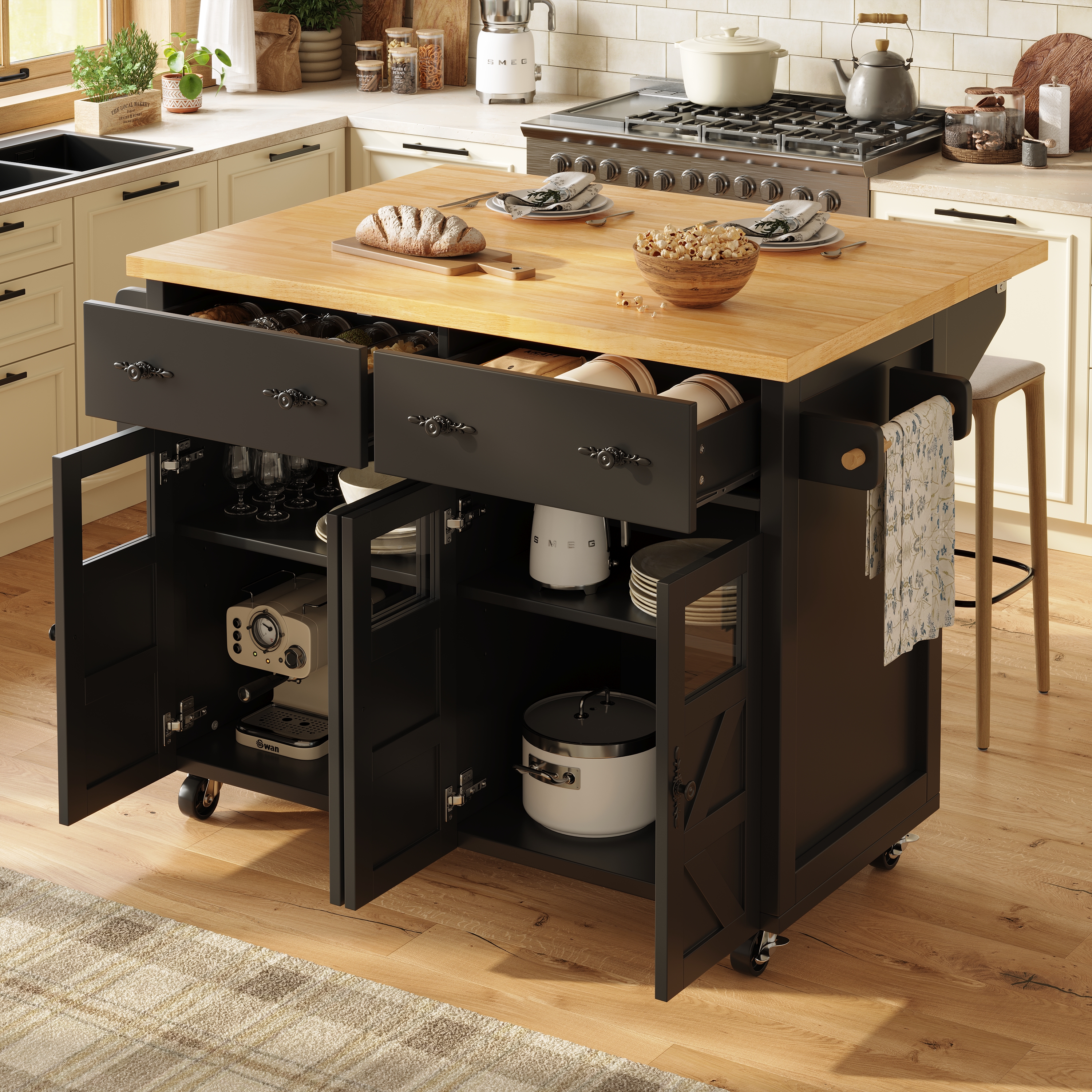 Mobilna wyspa kuchenna z 4 szklanymi drzwiami i 2 szufladami - Wysuwany blat - 140 x 45/73 x 93,5 cm - MDF + Metal - Czarny