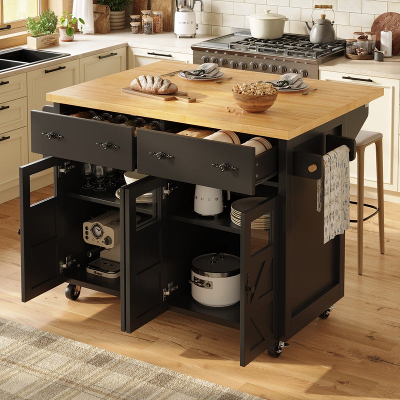 Mobilna wyspa kuchenna z 4 szklanymi drzwiami i 2 szufladami - Wysuwany blat - 140 x 45/73 x 93,5 cm - MDF + Metal - Czarny