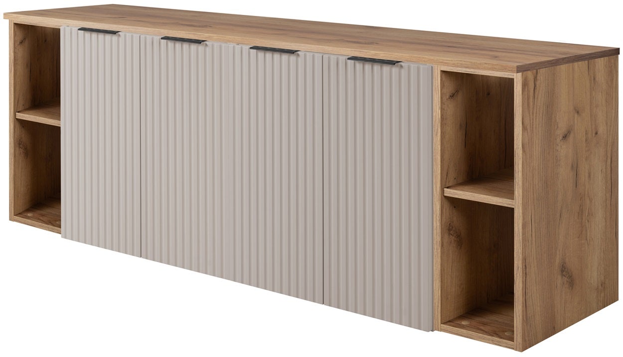 Zestaw łazienkowy FLOW 160 cm kaszmir z blatem dąb craft i regałami