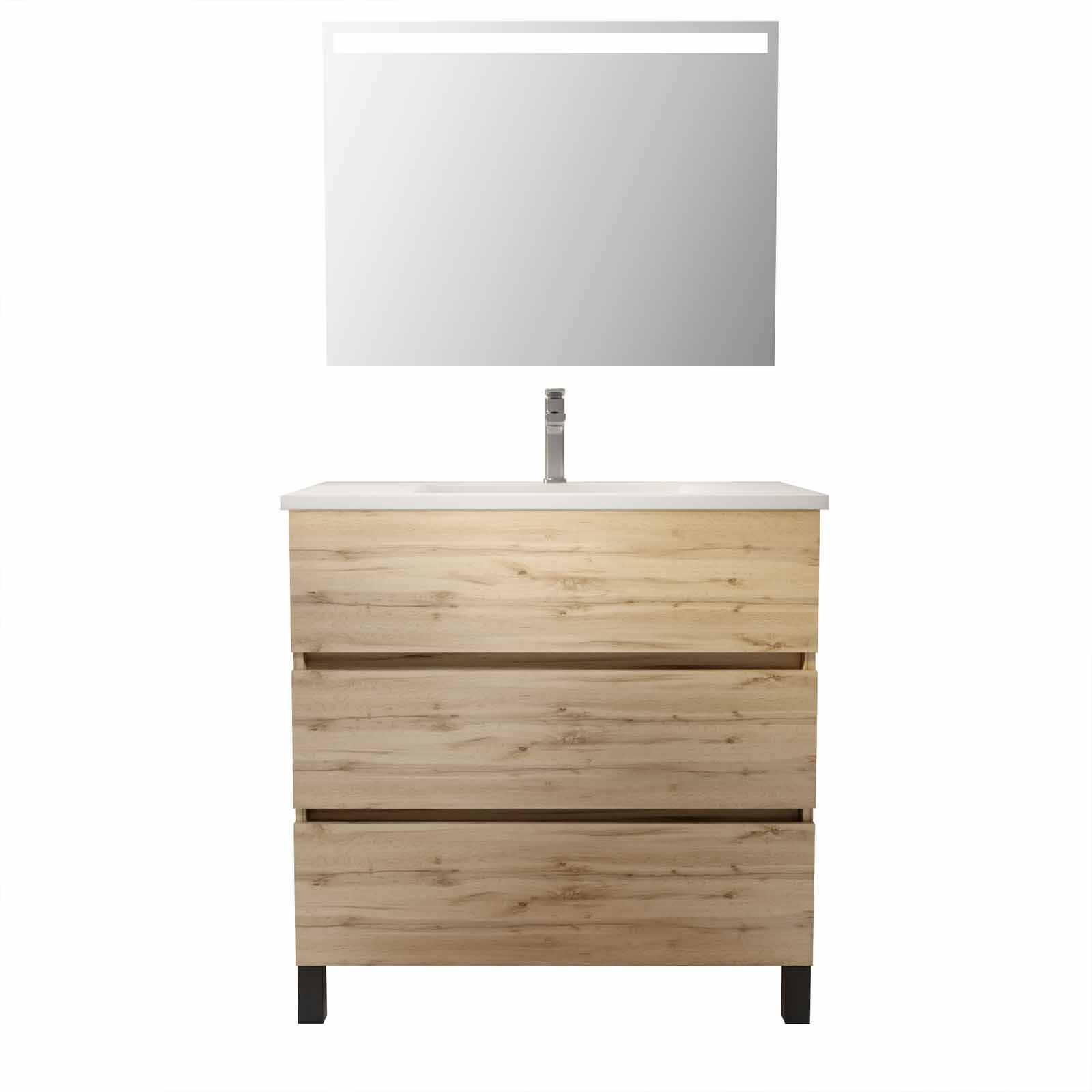 Pack Meuble SDB 80cm sur pieds 3 tiroirs Chene_Vasque blanche + Miroir Led - TIMBER 80_Pack46 - 3