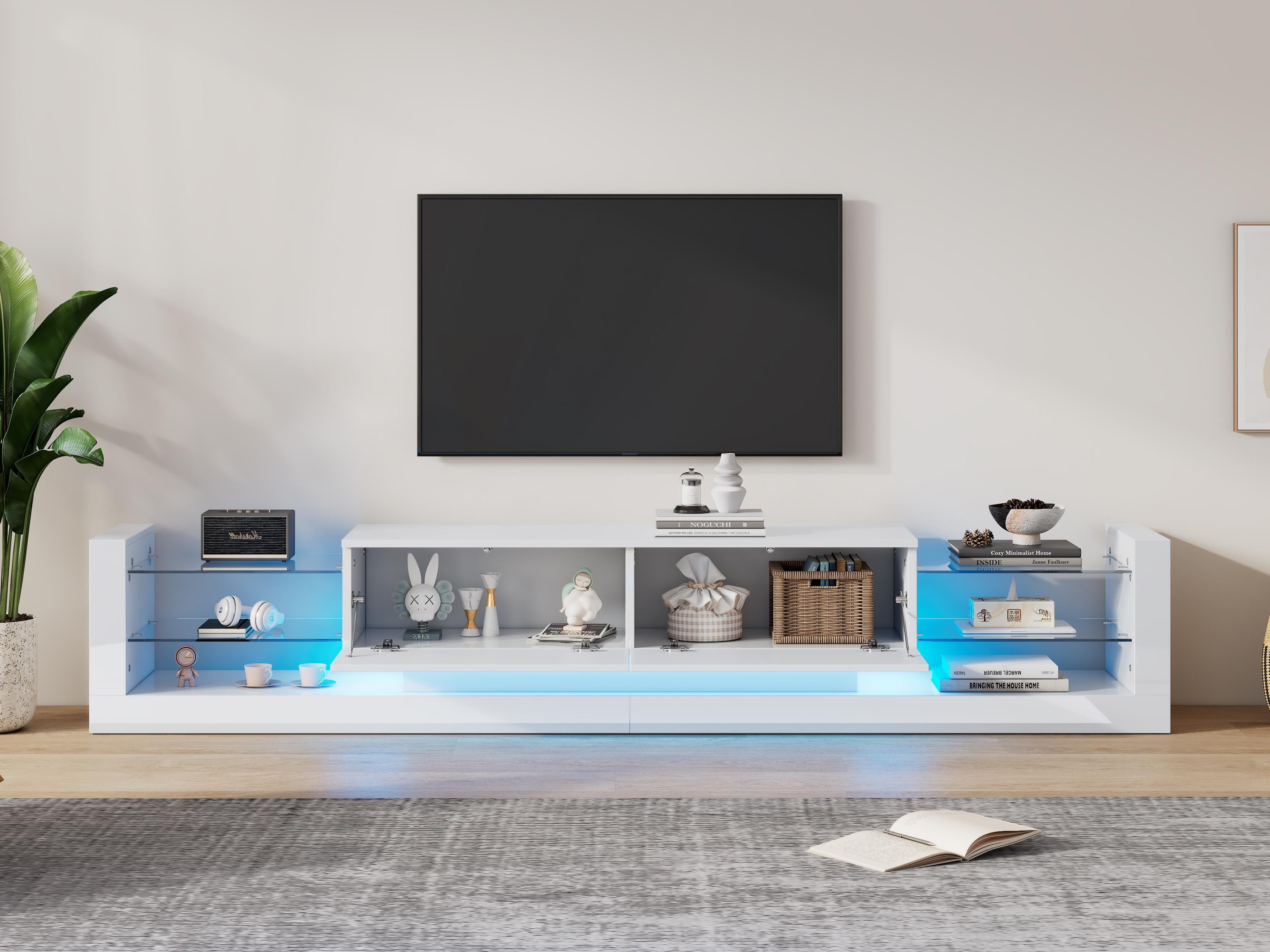 Stolik pod TV z oświetleniem LED - 2 wysuwane przegródki i szklane półki - biały