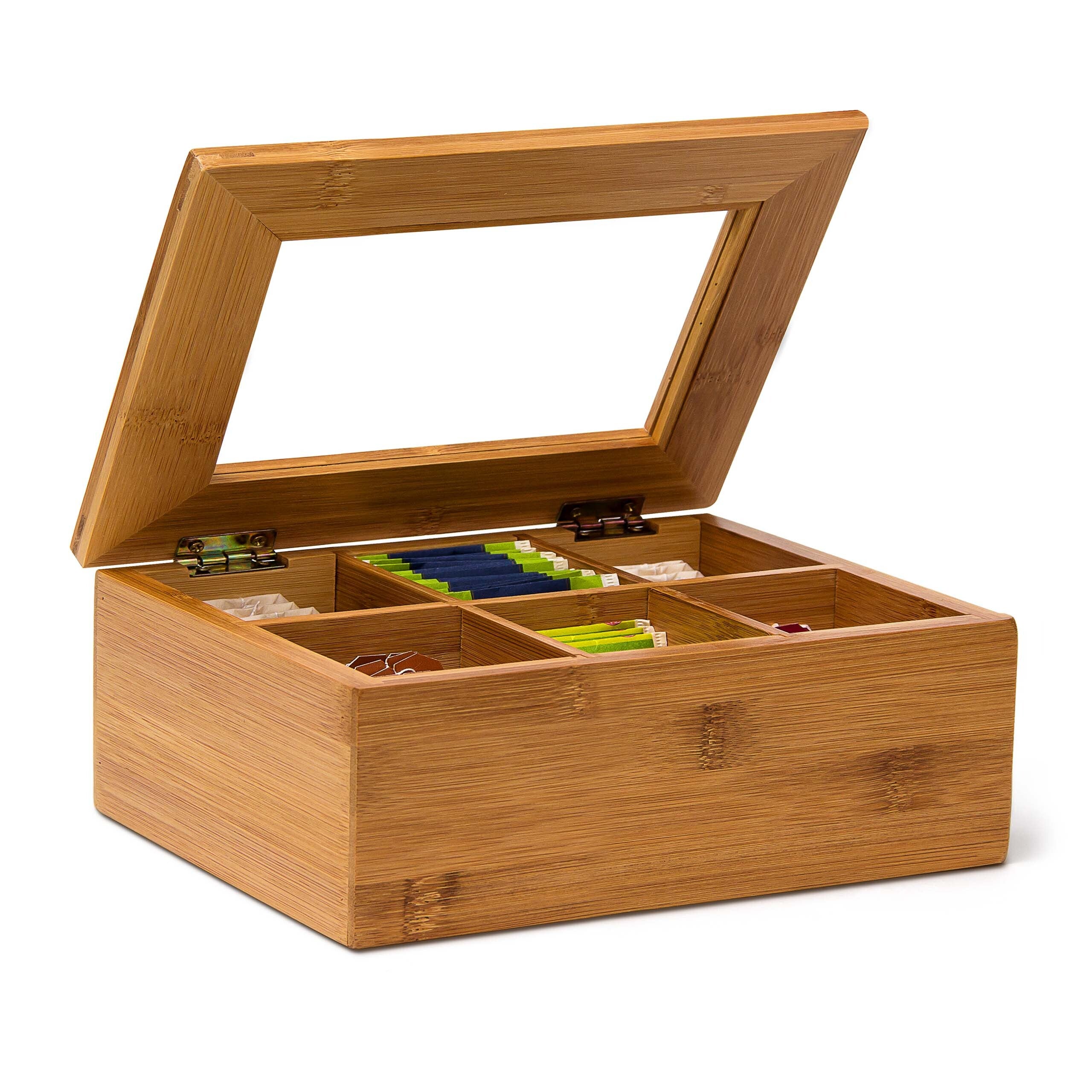 GRÄWE Boîte à thé en acacia avec 10 compartiments, couvercle rabattable, fenêtre transparente, boîte à sachets de thé pour conserver les arômes du thé - 36 x 20 x 9 cm