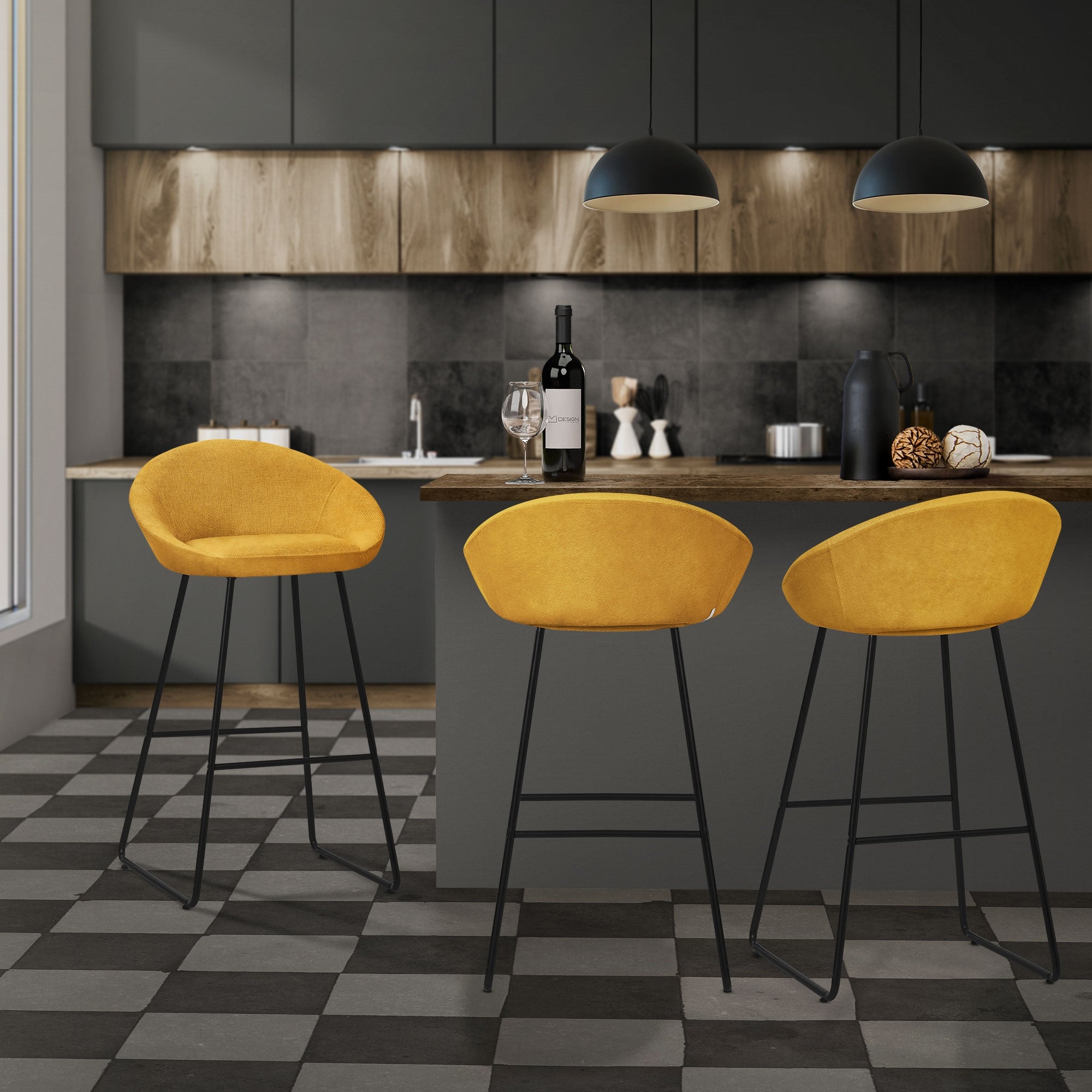 ML-Design zestaw 2 hokerów barowych musztarda 75cm tapicerowanych wygodne ergonomiczne krzesła z oparciem i podnóżkiem metalowa konstrukcja