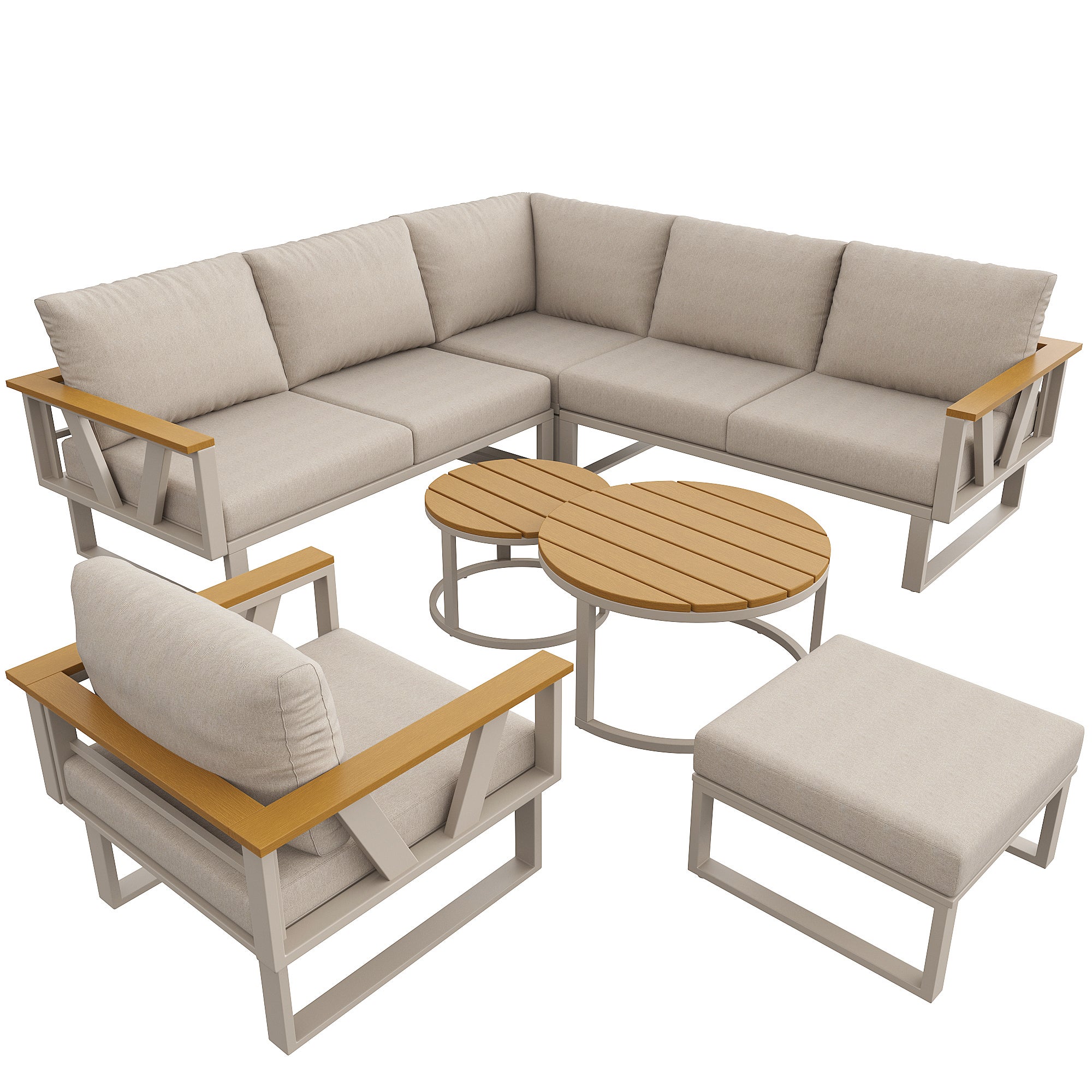 Salon de jardin modulable en fer 6 places : 1 canapé 3 places + 1 canapé 2 places + 1 fauteuil + 1 tabouret + tables basses gigognes - Beige - 7
