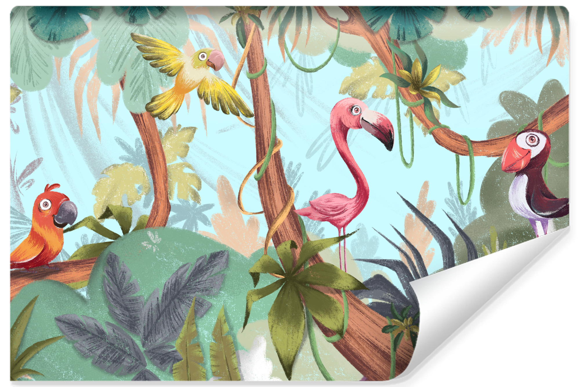 Papel pintado fotográfico no tejido aves hojas plantas para la habitación 300cm x 210cm