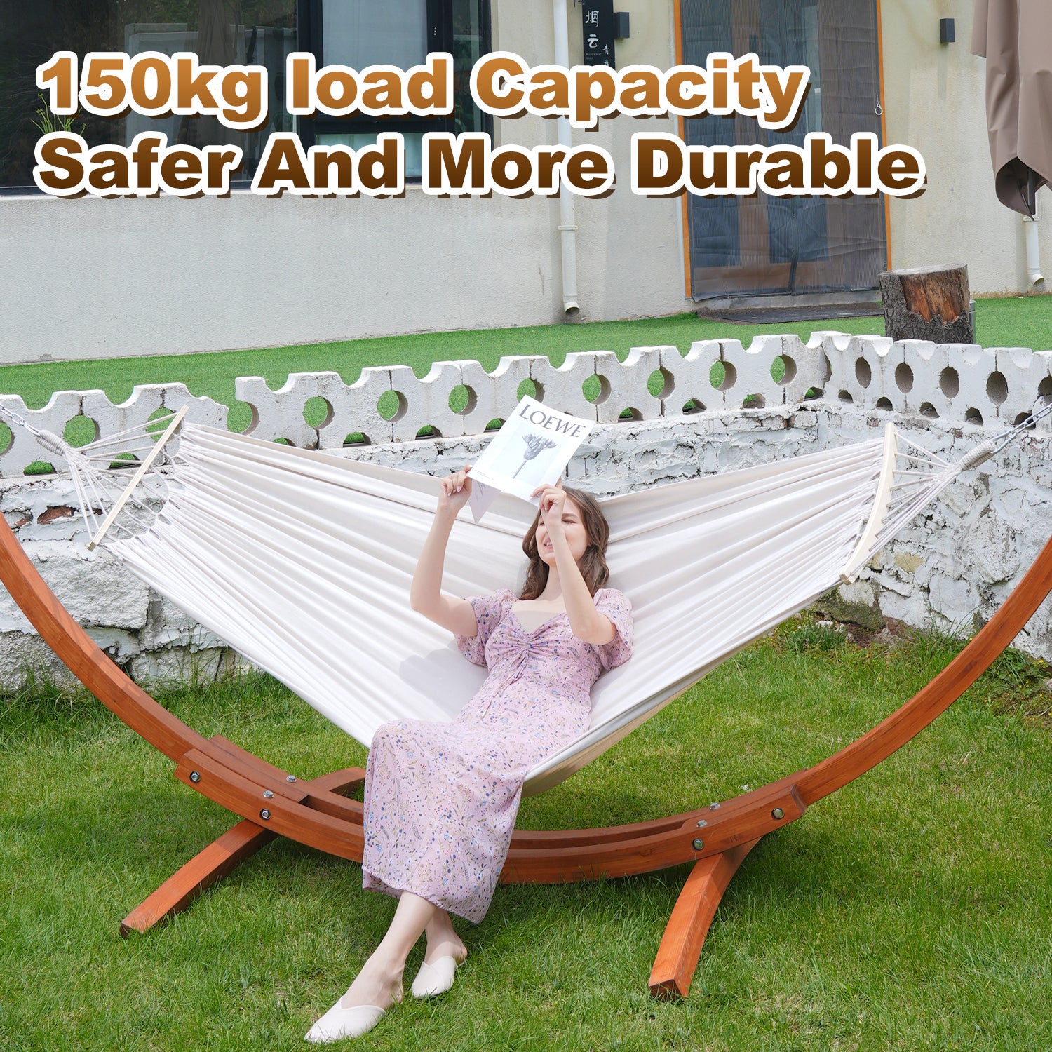 HOMAVO Hamac sur Pied, 2 Hamacs Inclus (Blanc), Supporte 200 kg, Support en Bois 320×120×120 cm - 9