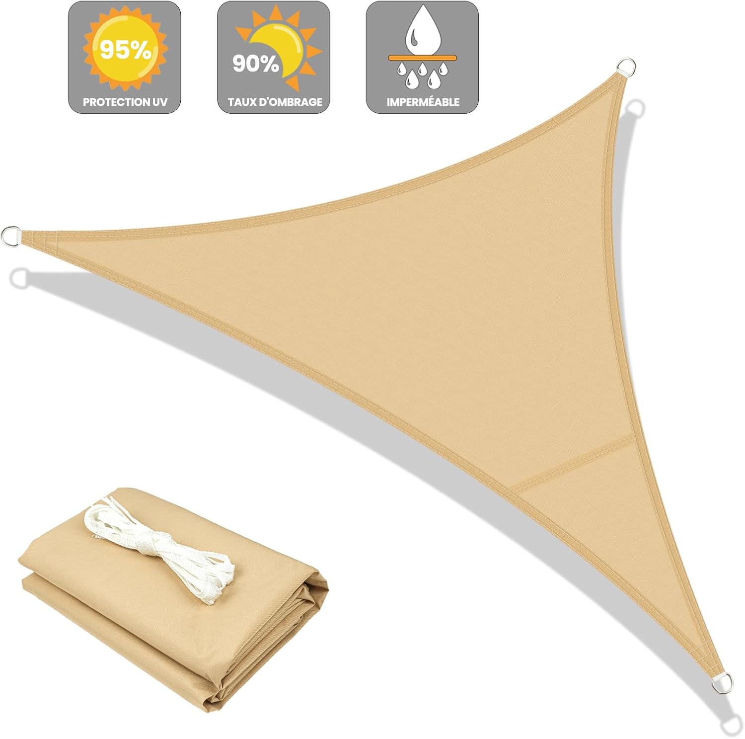 Voile d'ombrage Triangulaire Imperméable 3x3x3m Toile Ombrage PES avec 95% UV Protection pour Patio Extérieur Jardin Terrasse, Sable - 2