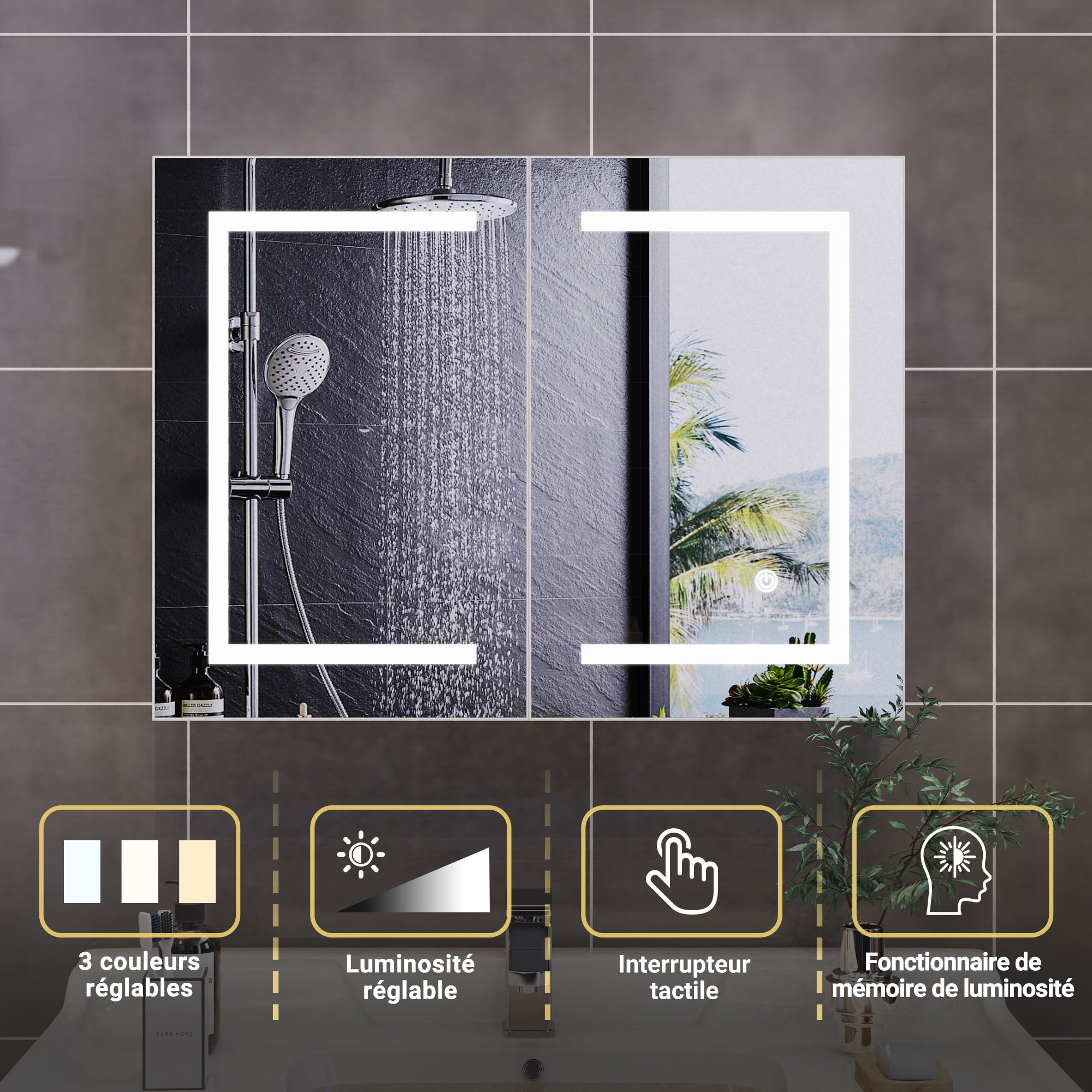 Armoire led 2p de toilette lumineuse, 80x13,5x60 cm, Armoire de salle de bain avec miroir, Interrupteur tactile, Étagère réglable, Dimmable, Blanc - 5