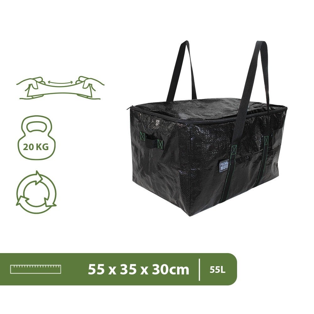 Saco de armazenamento reciclado - Mudança e transporte - 55 x 35 x 30 cm - Pacote com 6 unidades - Alças resistentes 55L - 2