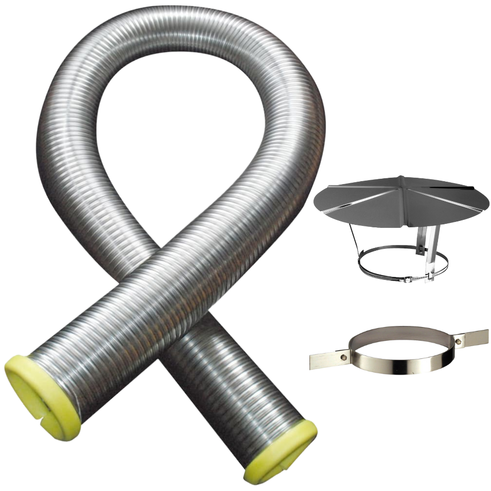 Kit tubage flexible double peau inox diamètre 200 + collier de fixation haute + chapeau Poujoulat - Longueur 10 mètres - 2