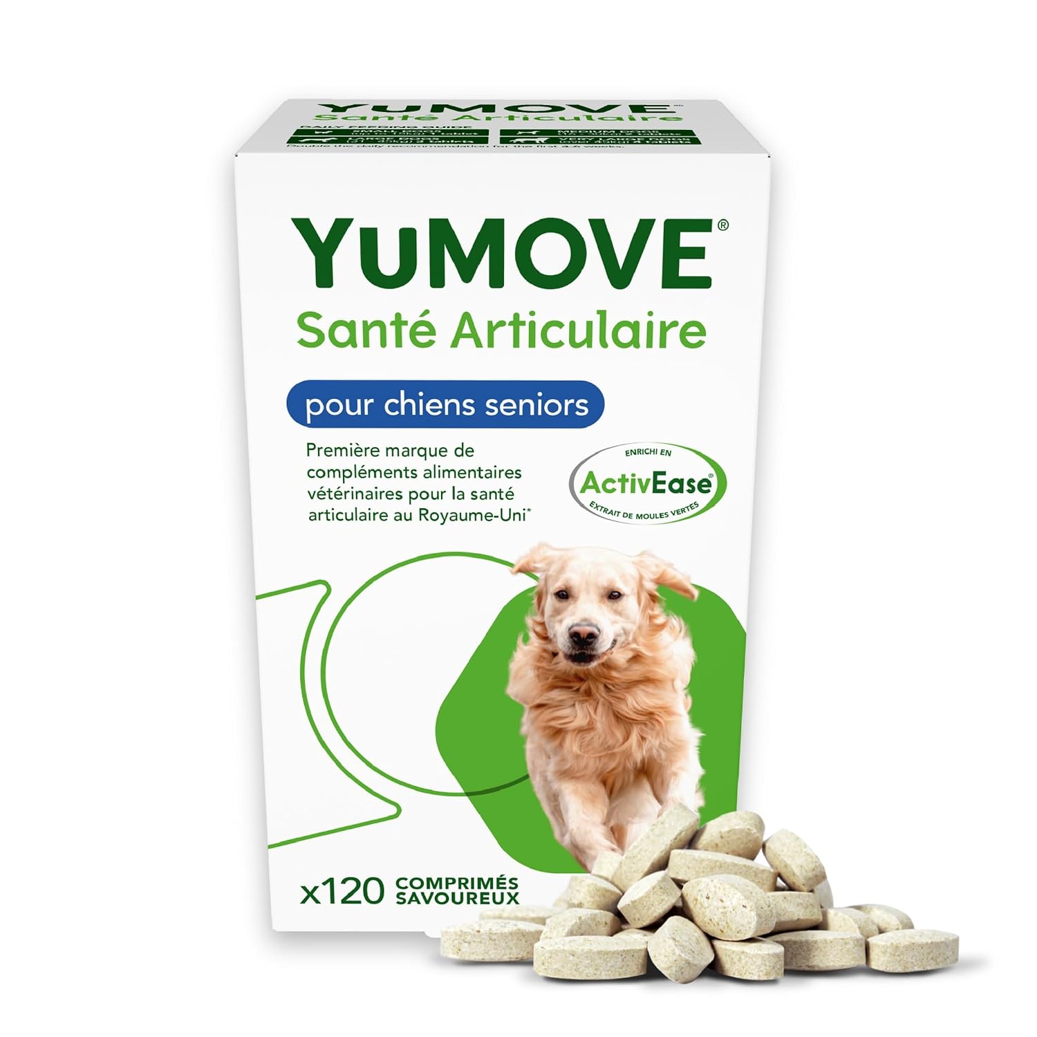 Versión en español — arthrose chien senior 8+ ans - 120 comprimés - 170mg par comprimé brevet en instance activease moule verte chien - glucosamine ch