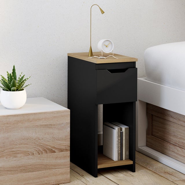 Lot de 2 tables de chevet ANOUK 1 tiroir avec niche noir et bois