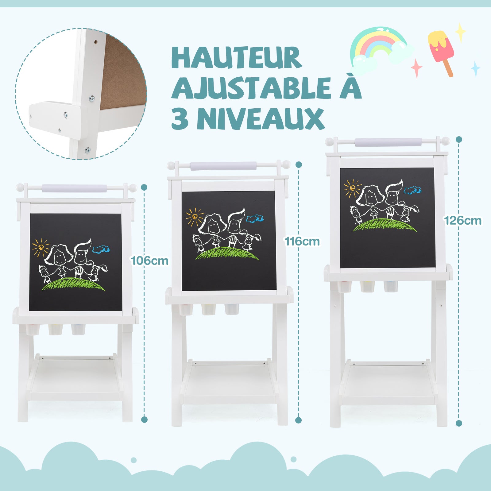 Chevalet Pliable pour Enfants, Double Face avec Tableau Noir et Tableau Blanc Magnétique, Rouleau de Papier Remplaçable, 3 Gobelets, Blanc - 4