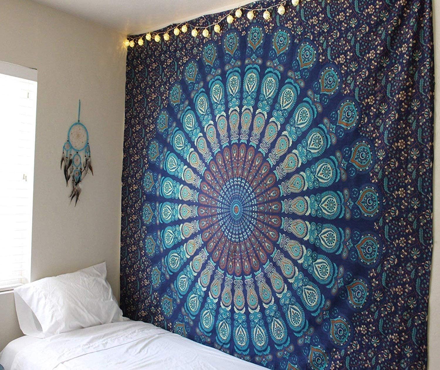 213 x 137 cm Indyjski gobelin w kolorze turkusowym z motywem pawia, mandala, styl boho, hipisowski, do sypialni, pościel bawełniana, dekoracja ścienn