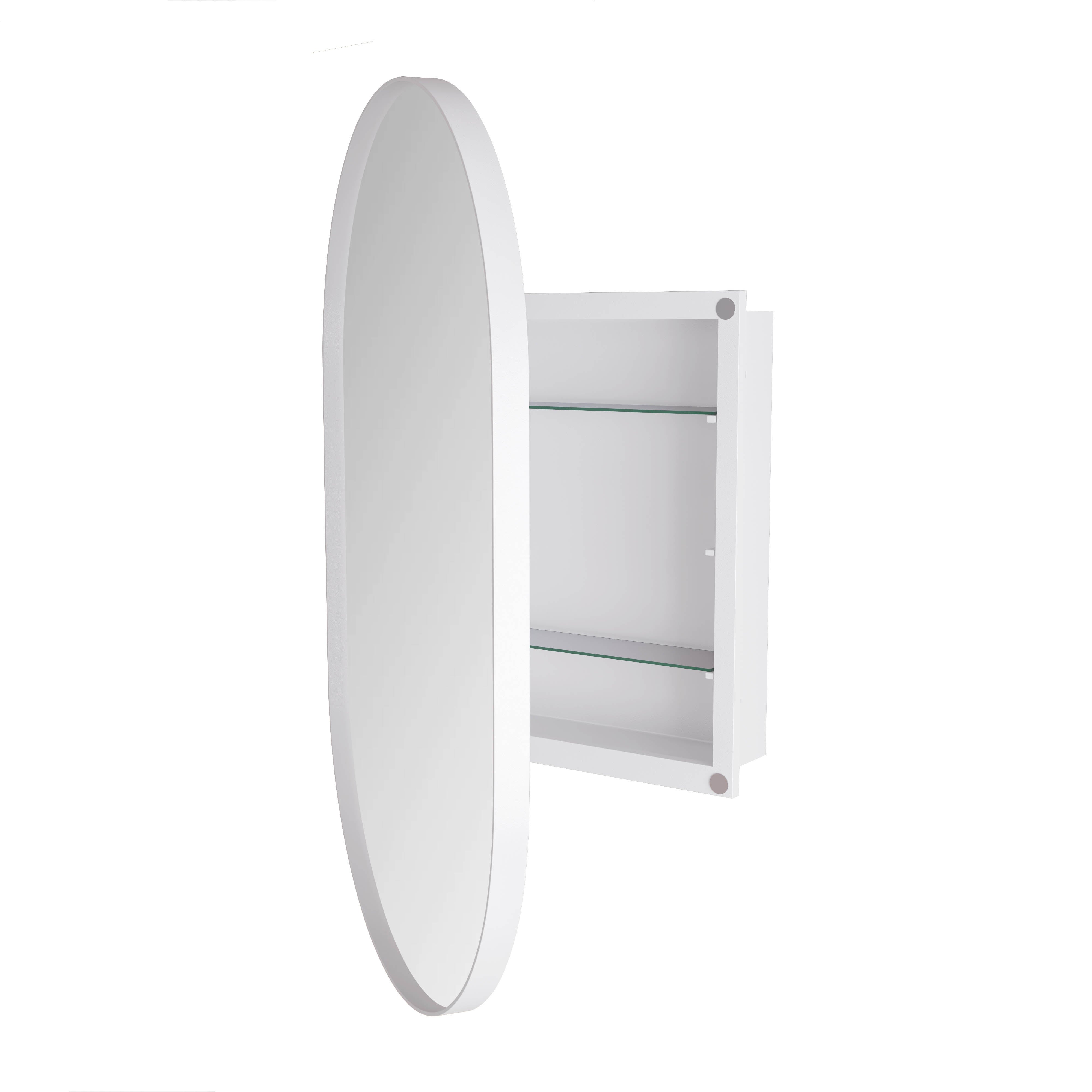 Armoire Miroir Ovale avec Cadre Métallique, Étagères Ajustables, Installation Murale ou Encastrée, Finition Blanc pour Salle de Bain - 7