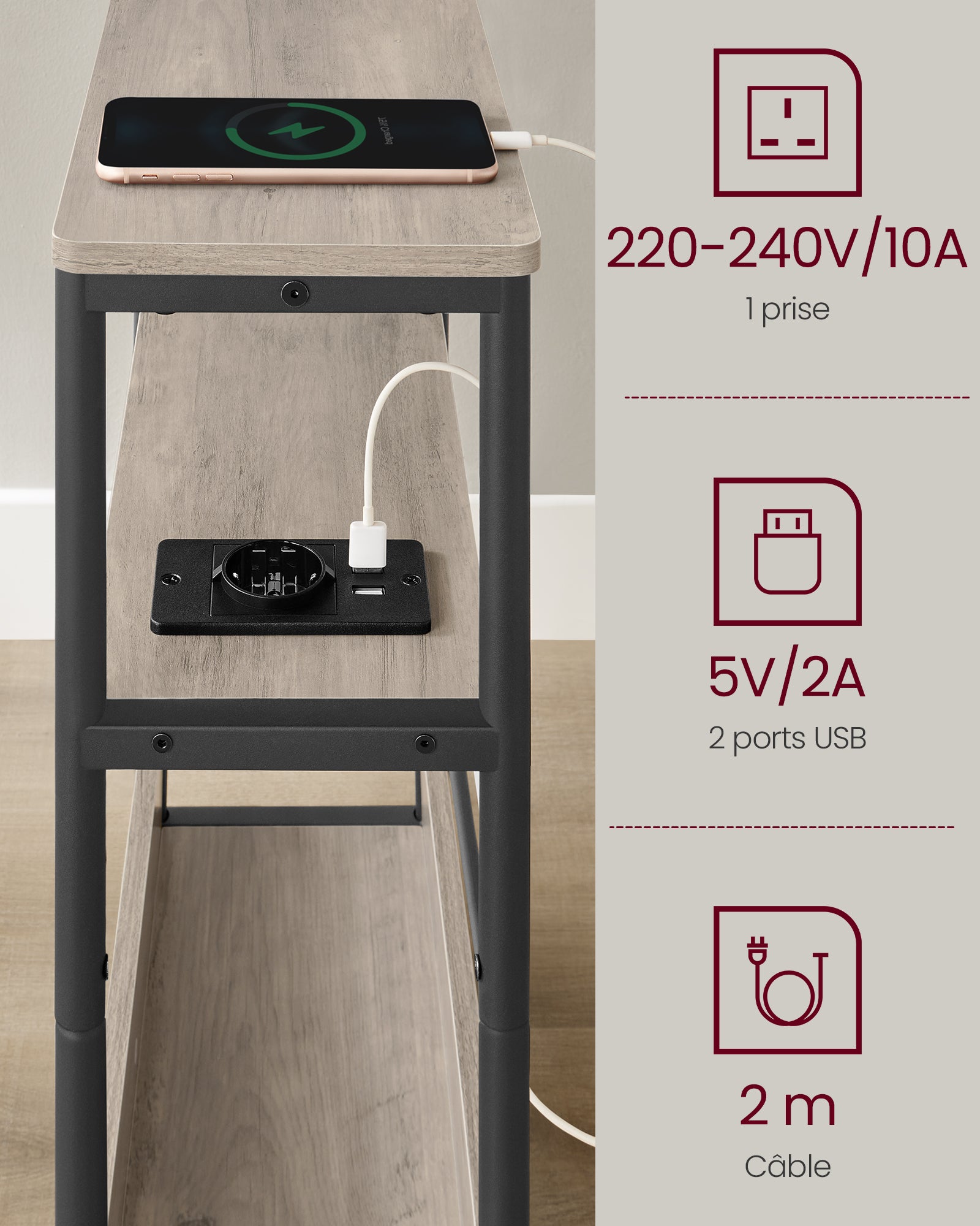 Table d'Appoint Fine avec Multiprise, Table de Chevet à 3 Niveaux, Bout de Canapé, pour Petits Espaces, Grège Chiné et Noir d'Encre - 4