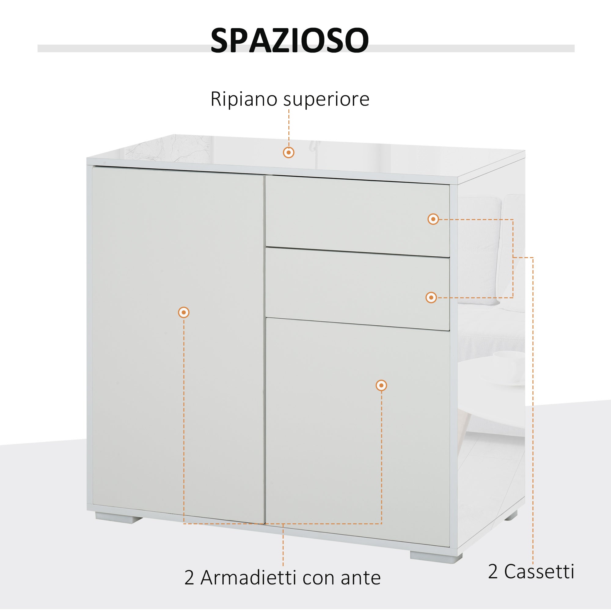 HOMCOM Mobiletto Armadietto Multiuso 2 Cassetti E 2 Armadietti, Apertura A Pressione, Mobile Per Soggiorno, Cucina, Ufficio - 4