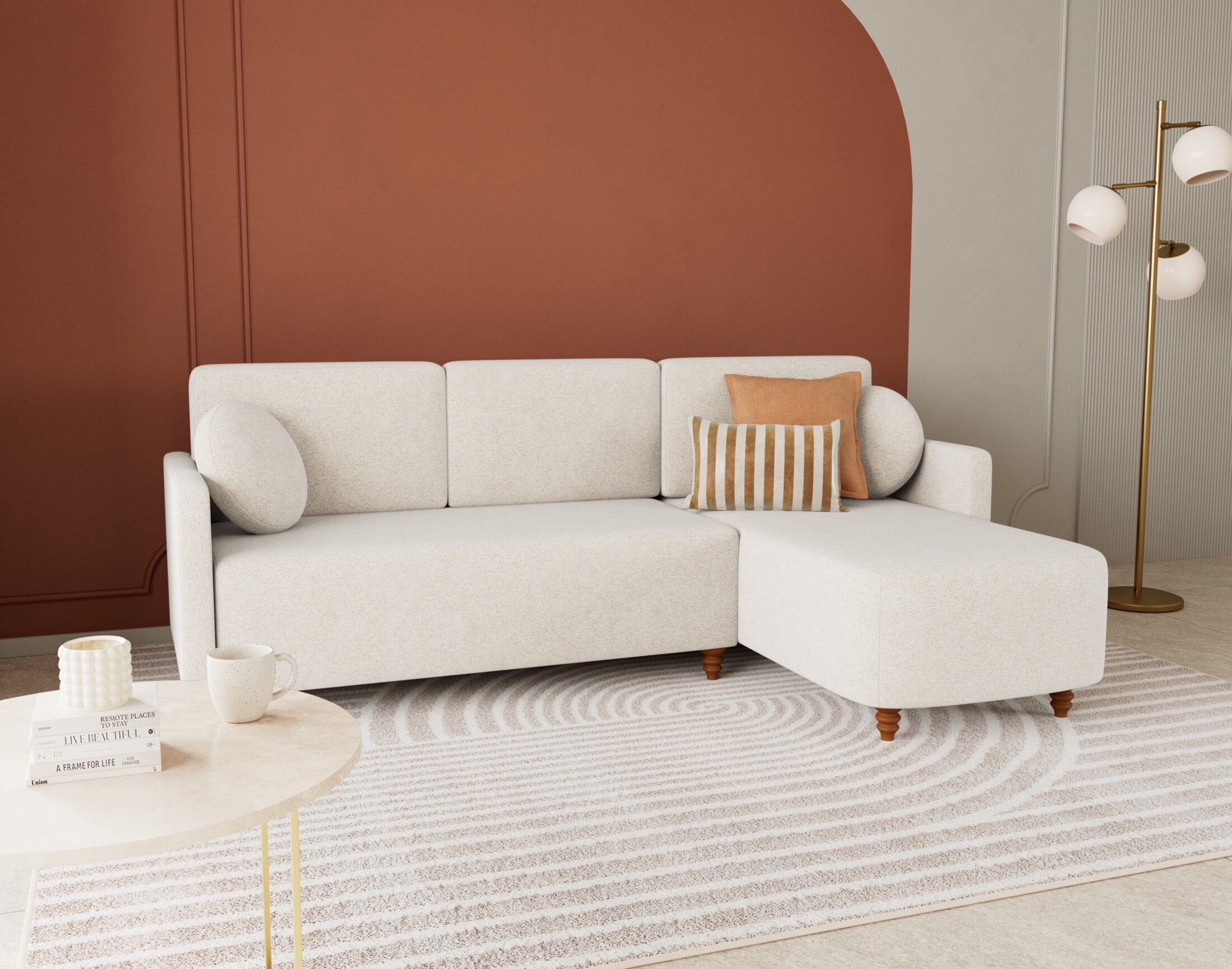 Canapé d'angle réversible convertible 4 places en velours texturé beige ...